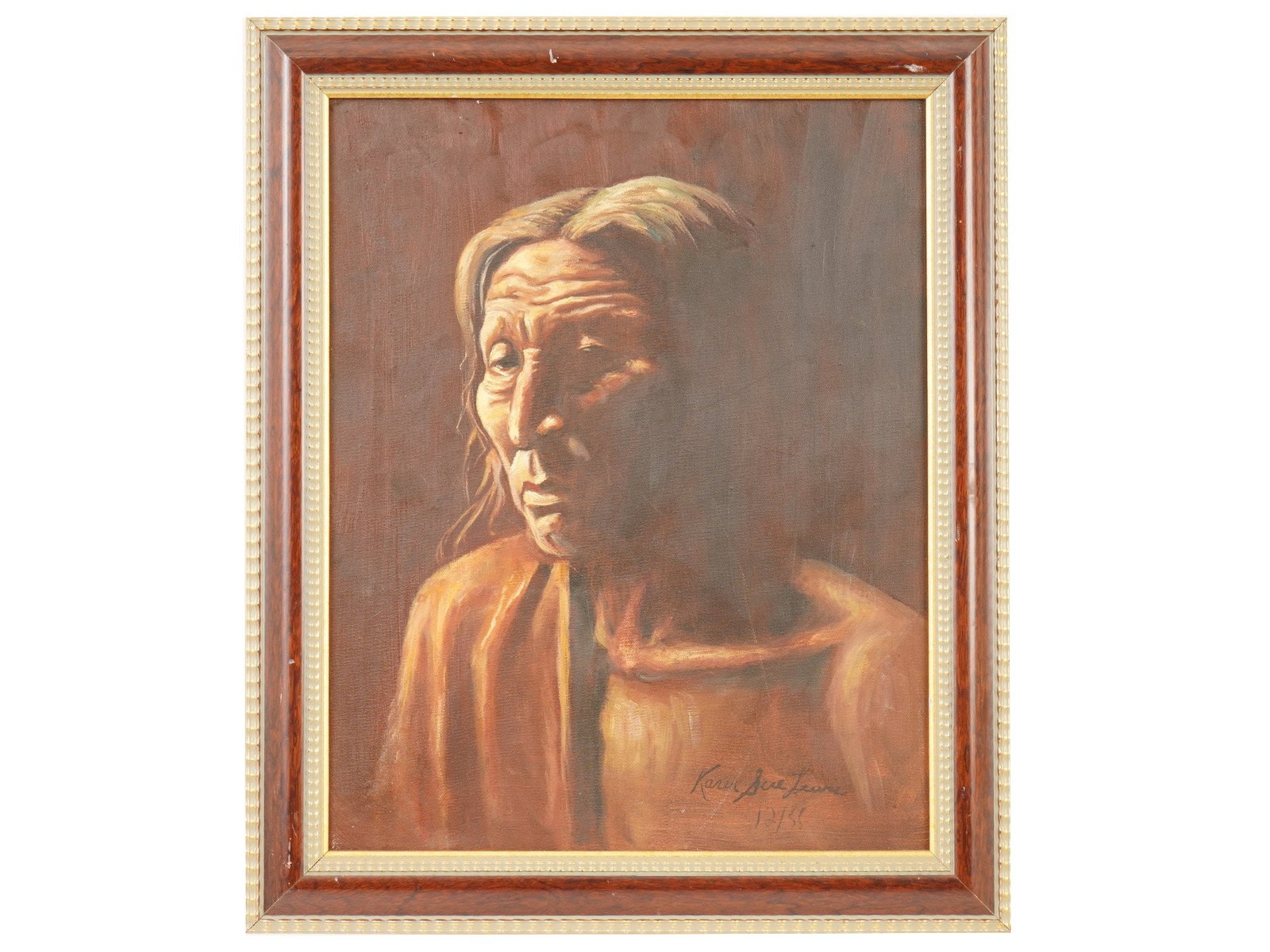 AMERICAN OIL PORTRAIT PAINTING SIGNED KAREN SUE LEWIS: An American oil on canvas portrait painting signed Karen Sue Lewis. Depicting an American woman, executed in a realist style with a strong focus on chiaroscuro. Signed and dated lower right. A Santa F