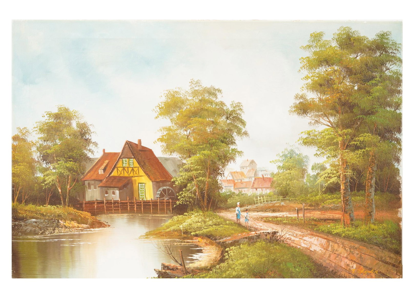 SIGNED T CHAPLIN OIL ON CANVAS LANDSCAPE PAINTING: A vintage oil on canvas landscape painting signed T. Chaplin. The painting depicts a bucolic countryside landscape with a watermill on a riverbank and houses in the background. Provenance: private col