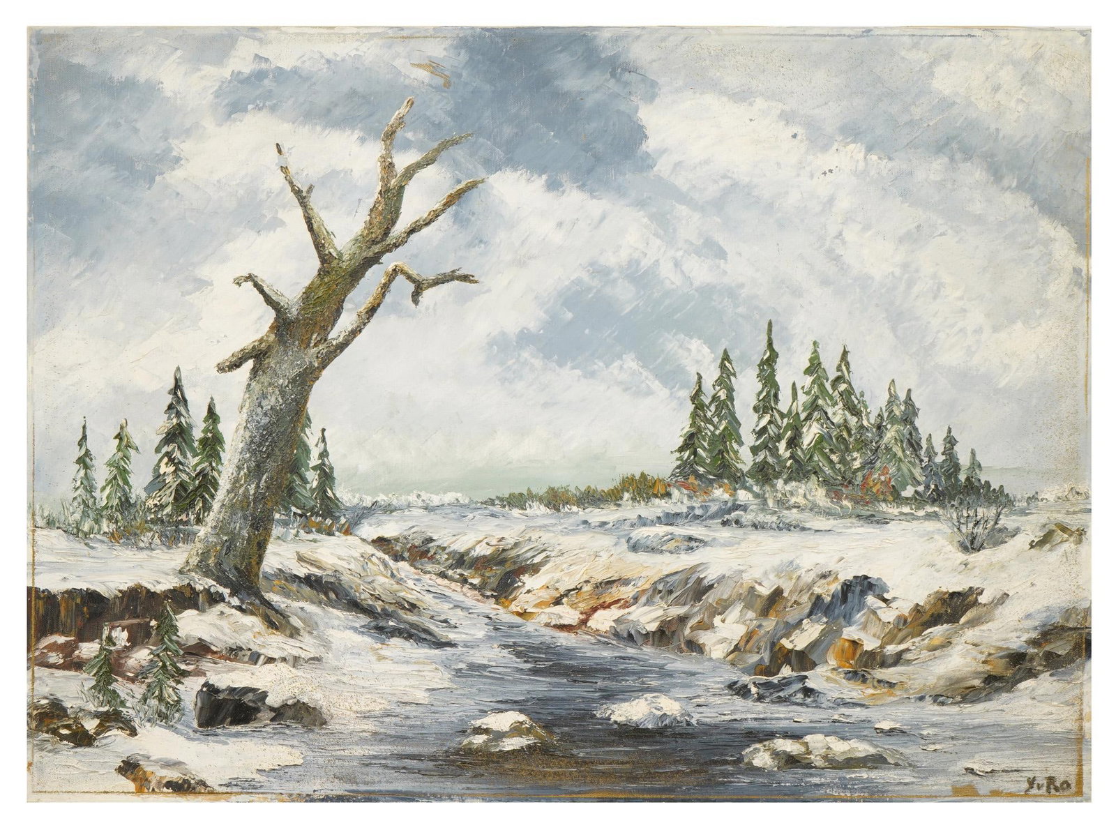 WINTER LANDSCAPE OIL PAINTING SIGNED YURO (1 of 5)