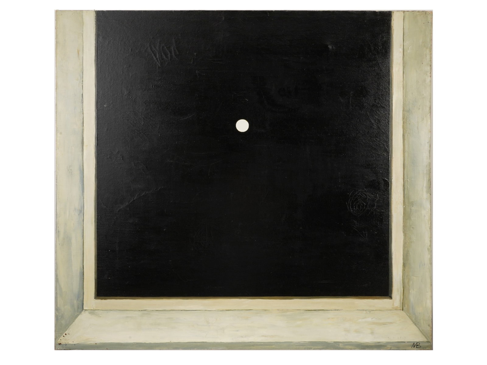 VINTAGE RUSSIAN OIL PAINTING BY VLADIMIROVA MARIA: A vintage Russian oil on canvas painting by Vladimirova Maria Lyudvigovna, a Moscow artist Born in 1961. The painting depicts a minimalist monochrome composition in a frame with a full moon in the nig