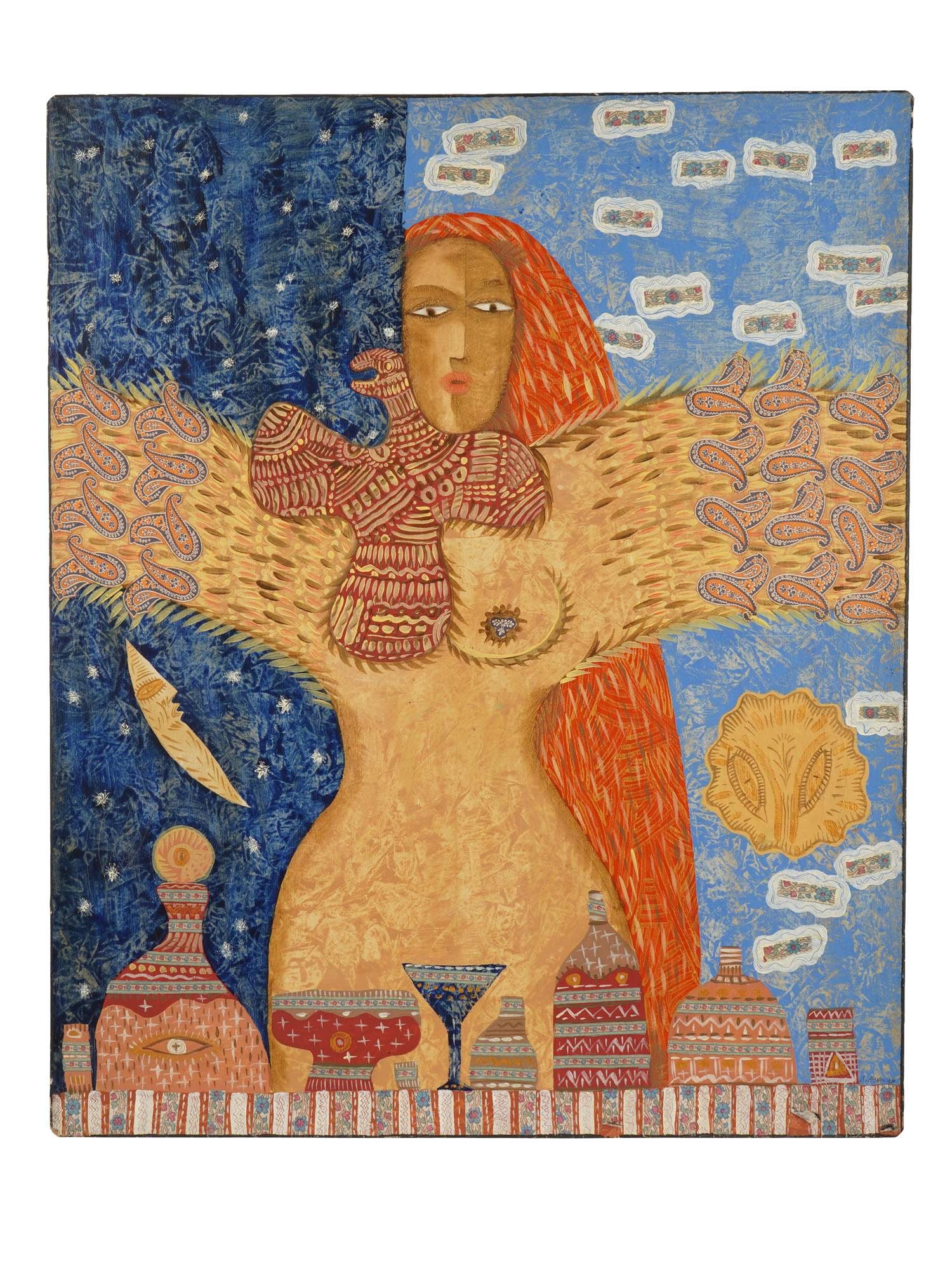 RUSSIAN MIXED MEDIA PAINTING BY ALYONA AZERNAYA: A mixed media, acrylic and fabric on canvas painting by Alyona Azernaya. Azernaya Elena Pavlovna, born in 1966, is a Russian artist working in the genre of naive art. The artwork, executed in large br