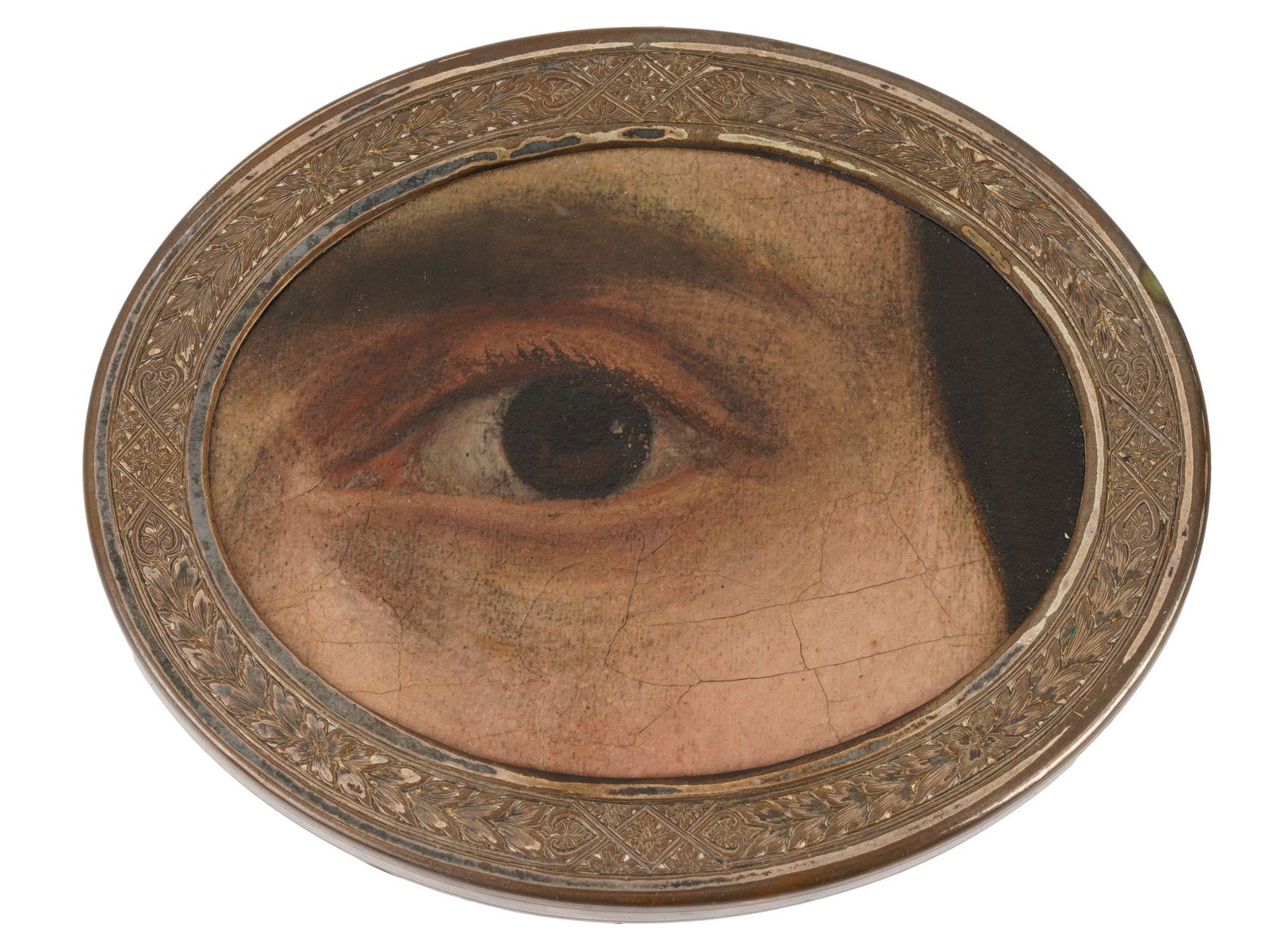 ANTIQUE GEORGIAN LOVERES EYE MINIATURE OIL PAINTING: An antique Georgian Loveres Eye miniature oil painting on board, representing one of the most sentimental forms of portraiture popular in England in the early 19th century. Depicts the eye of a loved 