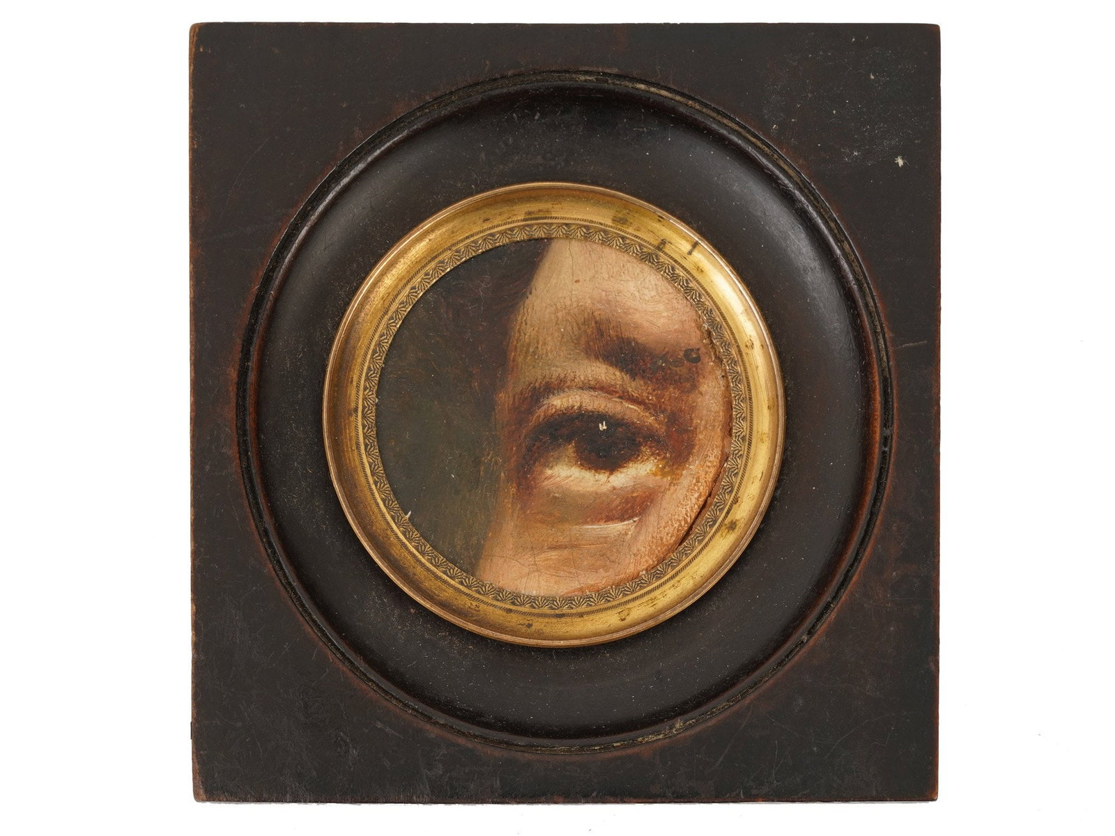 ANTIQUE GEORGIAN LOVERES EYE MINIATURE OIL PAINTING: An antique Georgian Loveres Eye miniature oil painting on canvas over board, representing one of the most sentimental forms of portraiture popular in England in the early 19th century. Depicts the eye