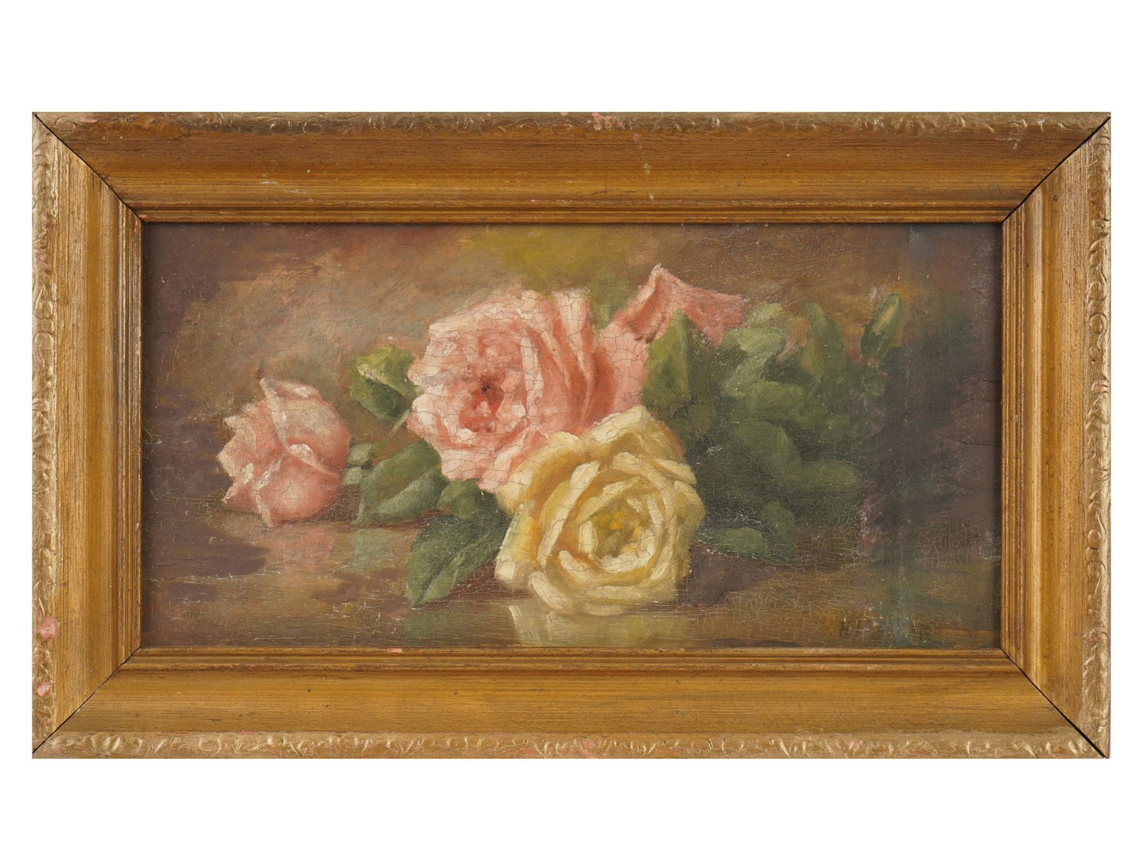 ANTIQUE STILL LIFE OIL ON BOARD PAINTING SIGNED: An oil painting on board depicting a classic arrangement of roses, signed illegibly lower right and presented in a decorative frame. The composition reflects the refined tradition of late 19th to earl