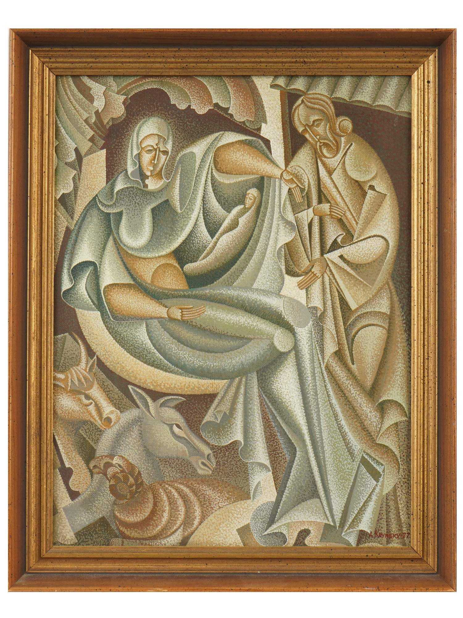 UKRAINIAN VINTAGE OIL PAINTING BY ANATOLY KRYNSKY: A vintage oil on canvas painting by Anatoly Krynsky, born in 1937 Ukrainian artist. The composition depicts a religious scene stylized in Cubist forms. Signed and dated 1977 lower right. Additionally 