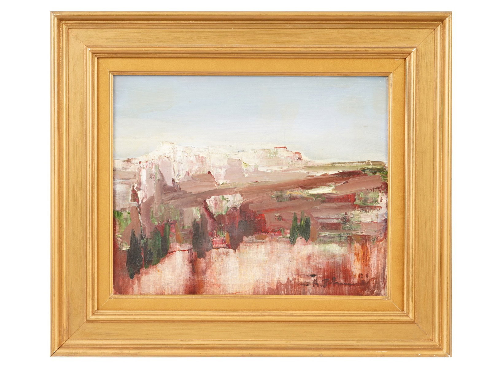 FRENCH OIL PAINTING SIGNED RAYMOND THUILLIER: An oil on canvas painting signed Raymond Thuillier, 1897 to 1993, a notable French artist. Depicts an expressive landscape, likely inspired by the Provence region where the artist resided. The composi