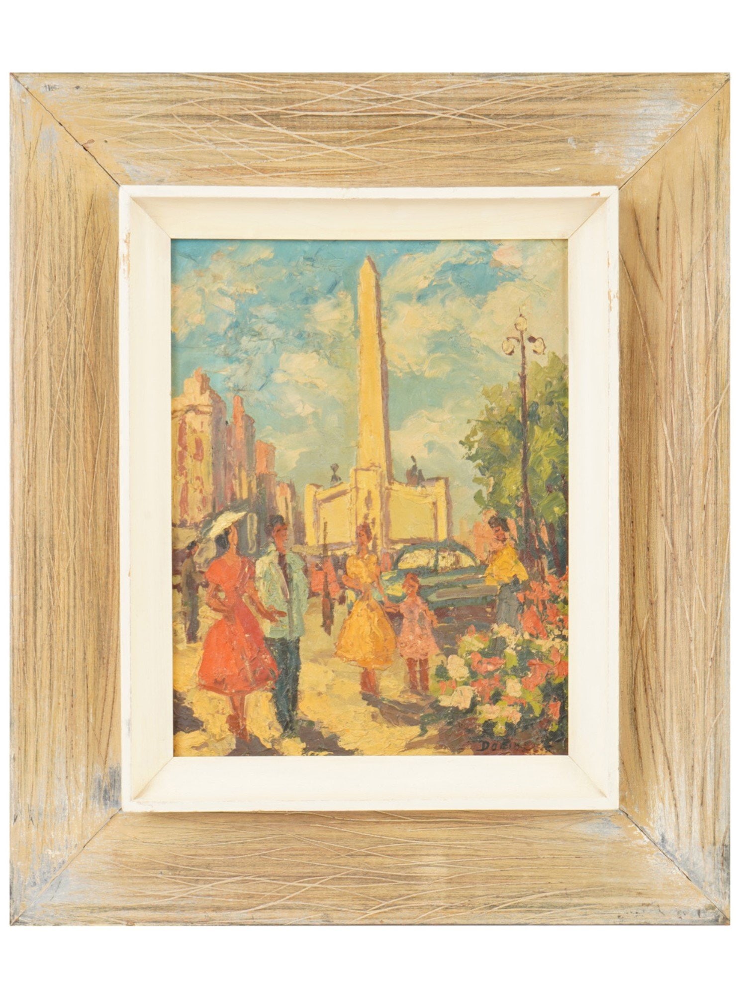 VINTAGE OIL ON CANVAS OVER BOARD PAINTING: A vintage mid to late 20th century oil on canvas over board painting. The painting depicts a vibrant urban street scene with a prominent obelisk. The composition includes several figures in period att