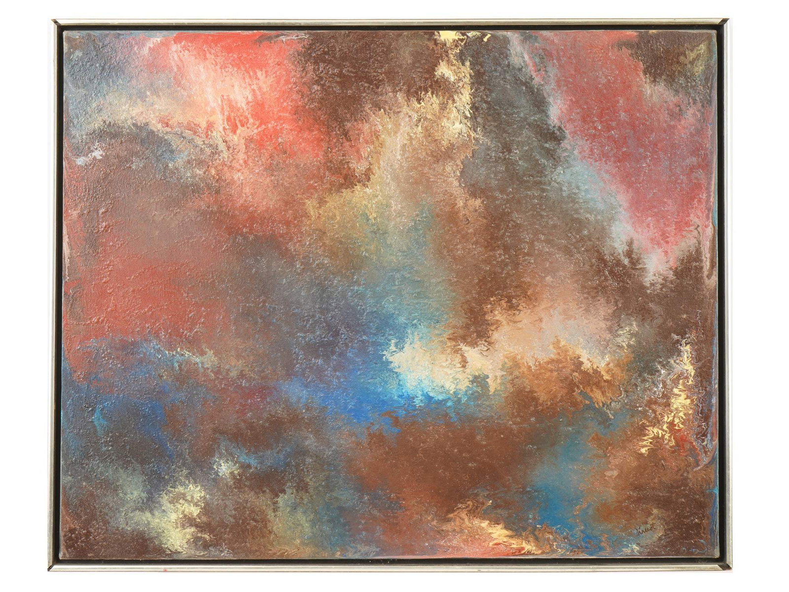 MODERN AMERICAN PAINTING BY WALTER KRUST PATCH OF BLUE: A modern American oil painting on canvas signed by Walter Krust, titled A Patch of Blue. The abstract composition features a thoughtful interplay of color and form, centered around cool blue tonalitie