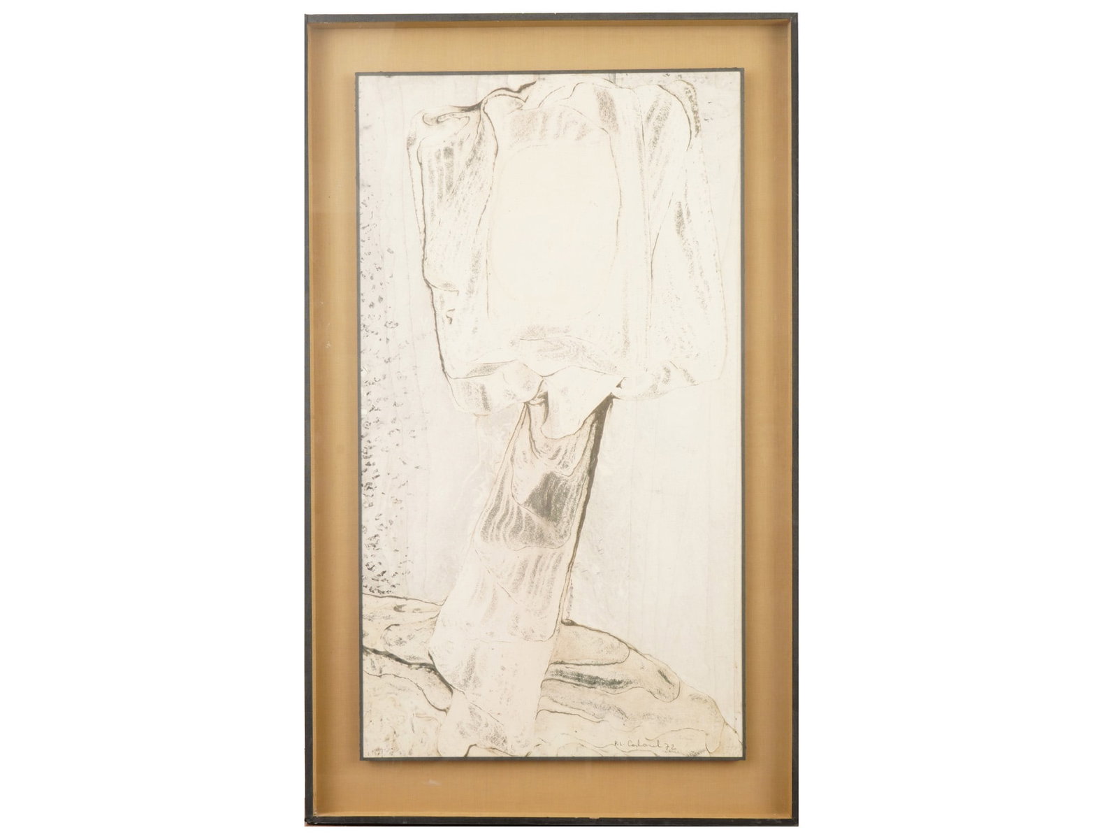 FRENCH ABSTRACT PAINTING BY PIERRE CARBONEL: A mid-century abstract figurative mixed media drawing by Pierre Carbonel, French, 1925 to 2011, signed and dated 1972 lower right. Carbonel, a native of Anglet in the Lower Pyrenees, is known for his 