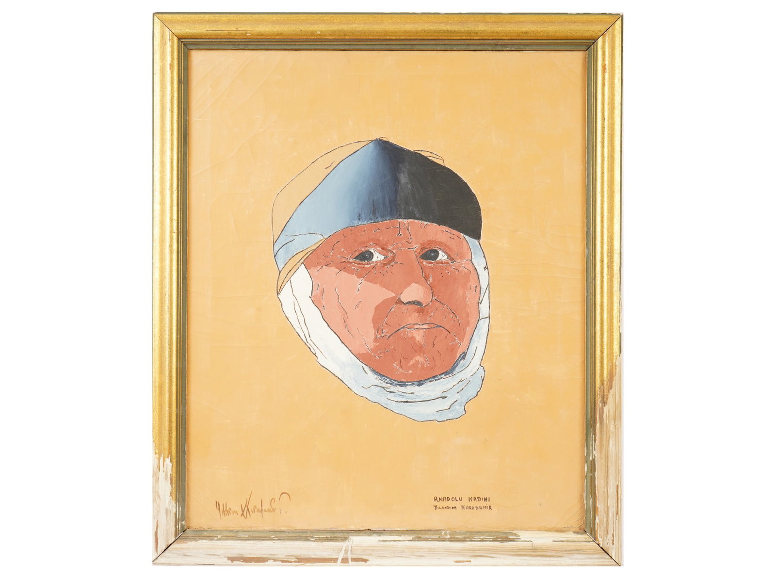 MODERN PAINTING BY YILDIRIM KARADEMIR ANATOLIAN WOMAN: A modern oil painting on canvas by Yildirim Karademir, depicting a portrait titled Anatolian Woman as inscribed at the lower right. Signed lower left. The composition portrays an elderly woman in a tr