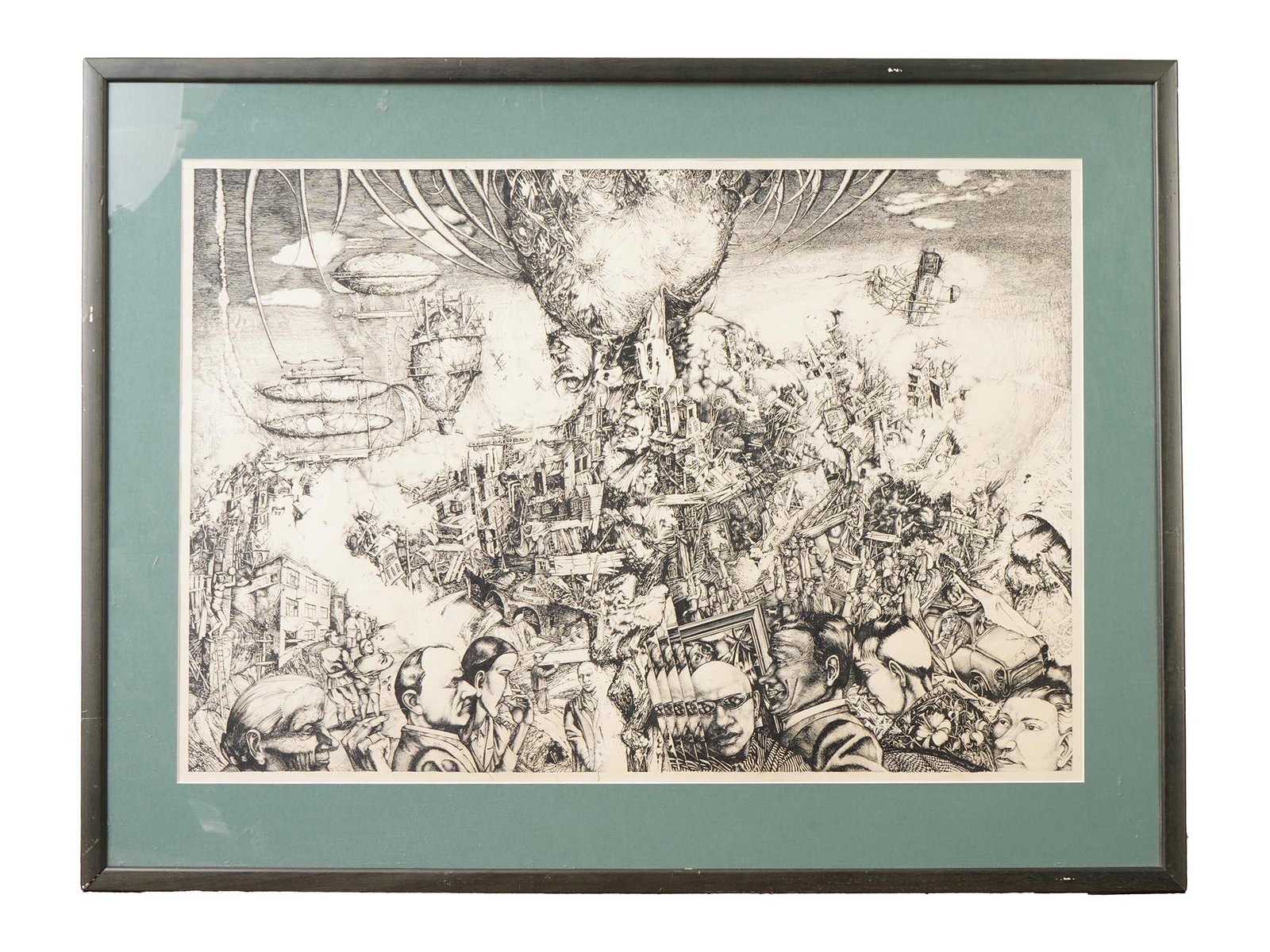 YURY LAPTEV UKRAINIAN INK ON PAPER SURREAL PAINTING: Yury Laptev, Ukrainian, born 1962, an ink painting. The artwork depicts a multi-figured surreal composition with intricate detailing. Matted and framed. The work originates from the esteemed Alexander
