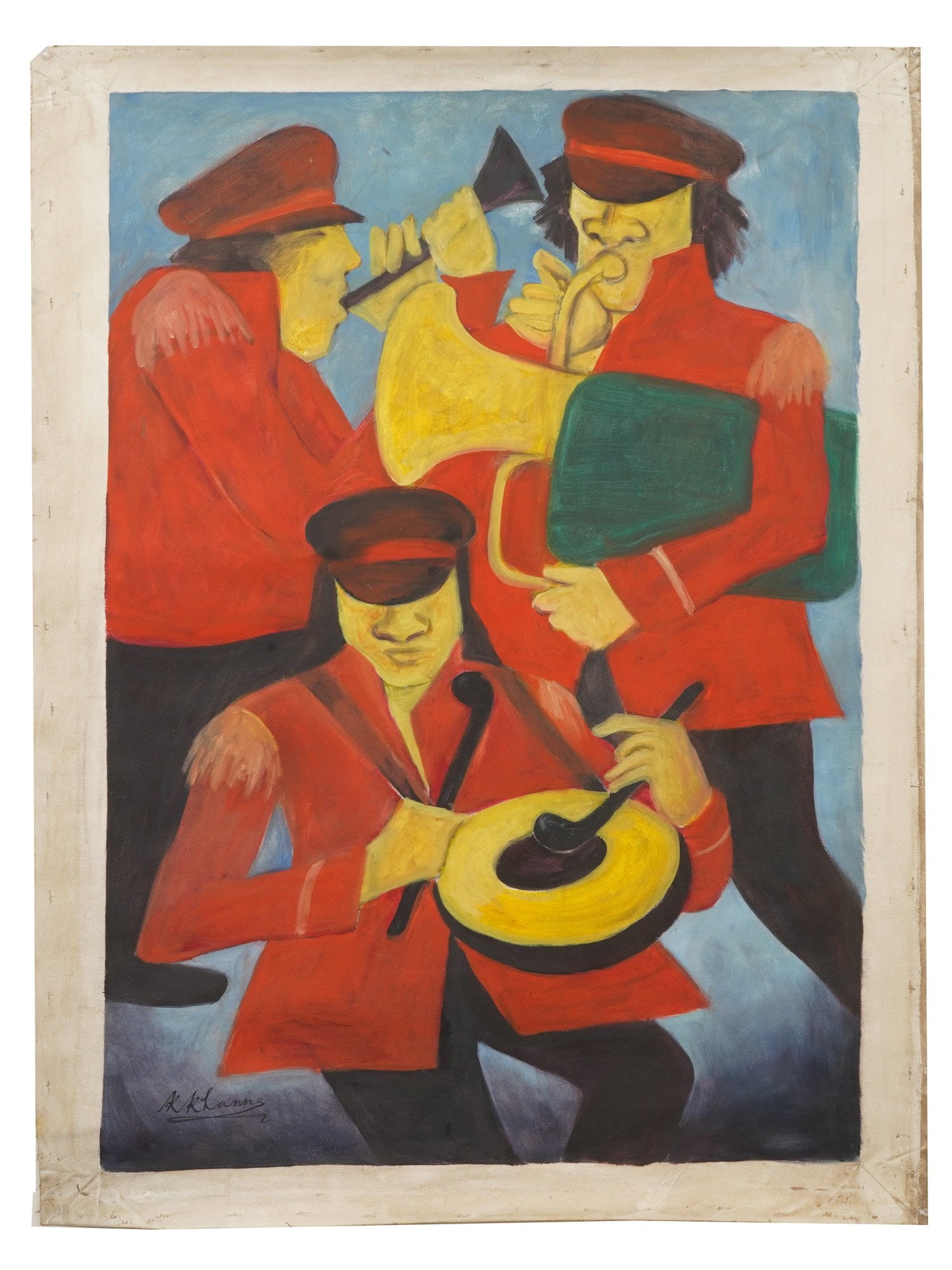INDIAN OIL PAINTING SIGNED KRISHEN KHANNA: An oil on canvas painting signed Krishen Khanna, Indian, born 1925, depicting three figures from the celebrated Bandwallahs series. The composition features musicians dressed in vibrant red ceremonial