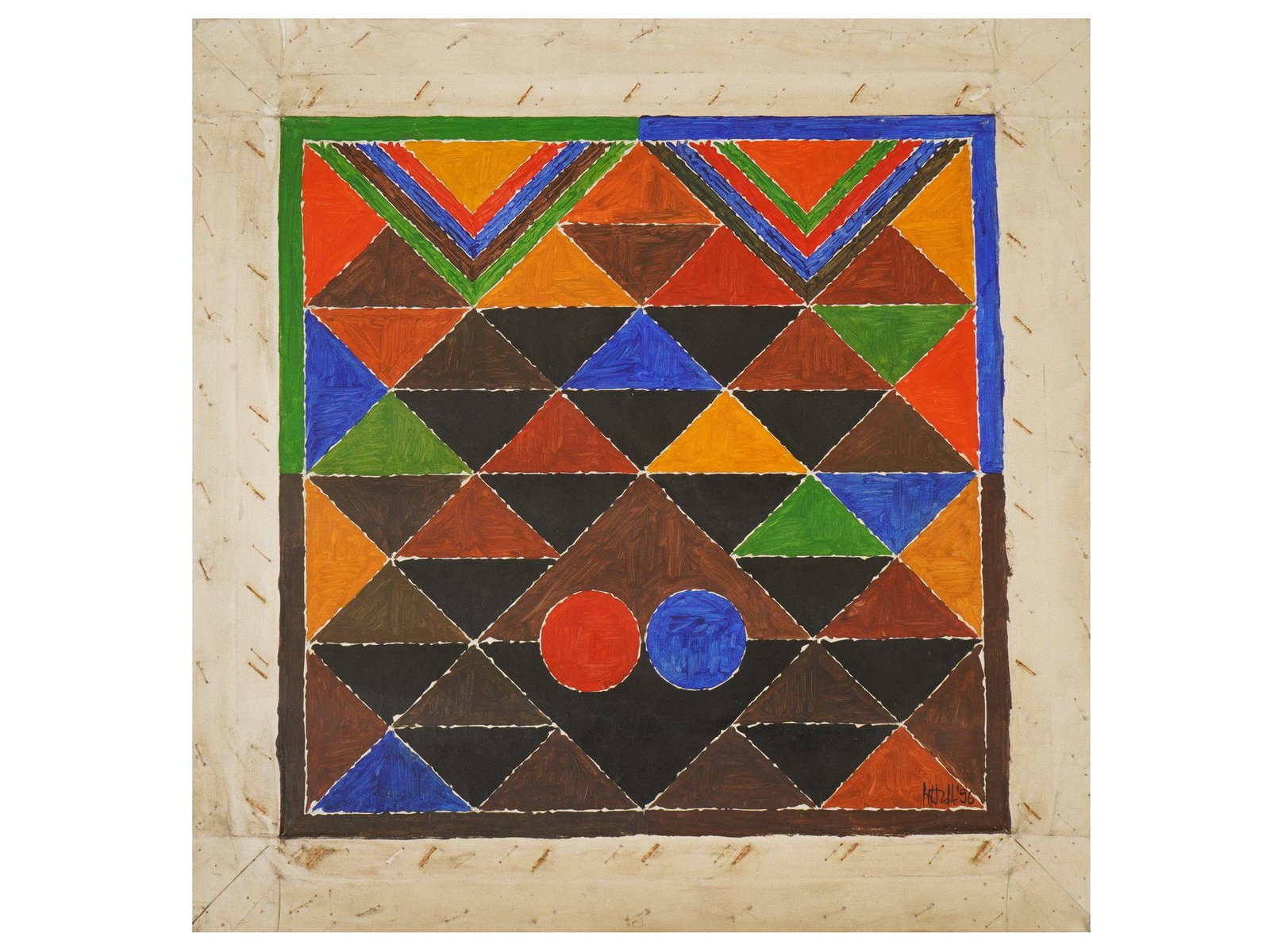 INDIAN ACRYLIC PAINTING SIGNED SAYED HAIDER RAZA: An acrylic painting on canvas depicting an abstract composition, 1996. Signed, Raza, and dated 96, lower right. Additionally inscribed, titled and dated, on the backside. Syed Raza is known for Abstra