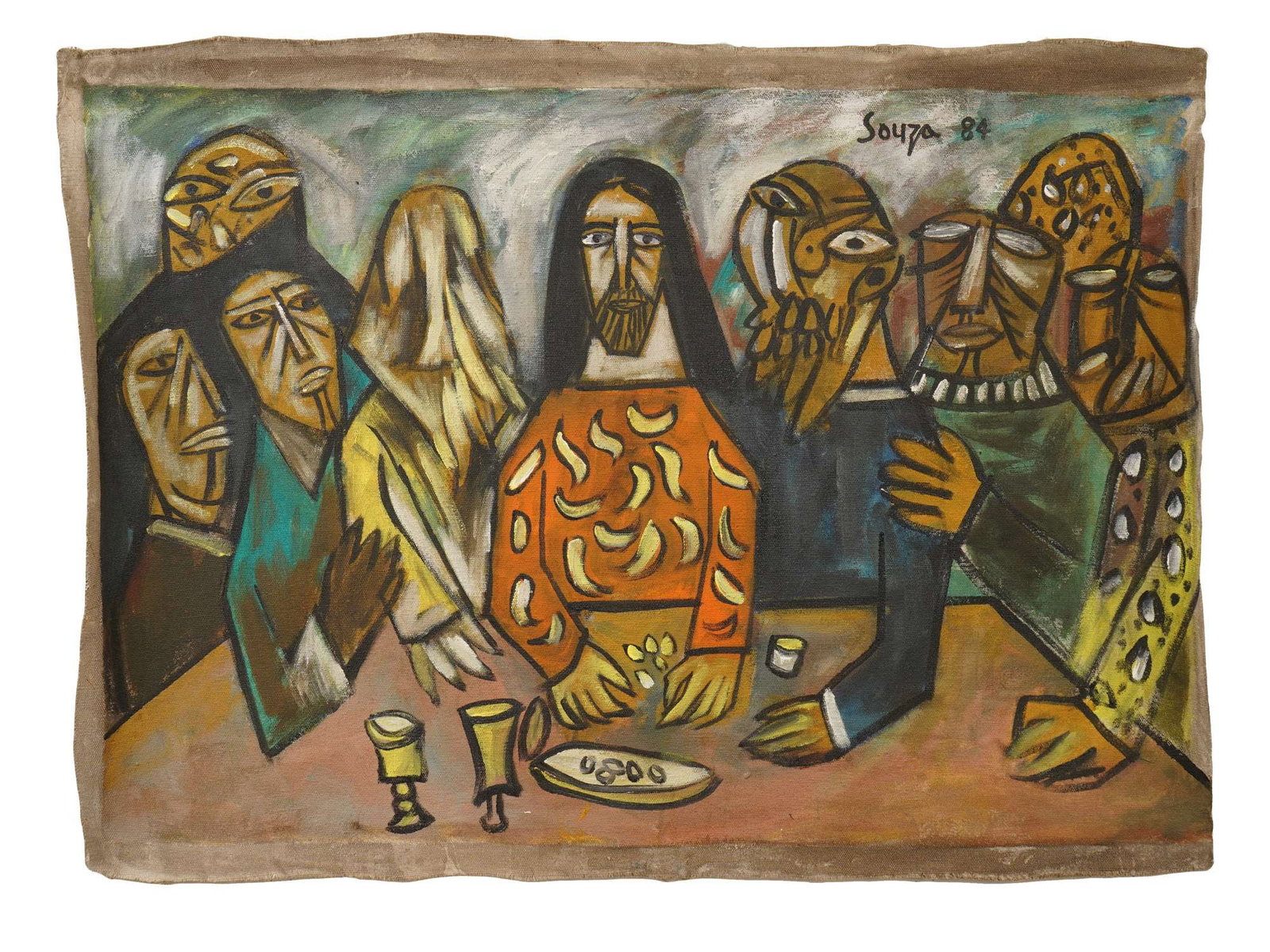 INDIAN ACRYLIC PAINTING AFTER FRANCIS NEWTON SOUZA: An acrylic painting on canvas depicting a religious scene after the original painting from the Last Supper Series, by Francis Newton Souza, Indian, 1924 to 2002. Signed, Souza, and dated 84, upper rig