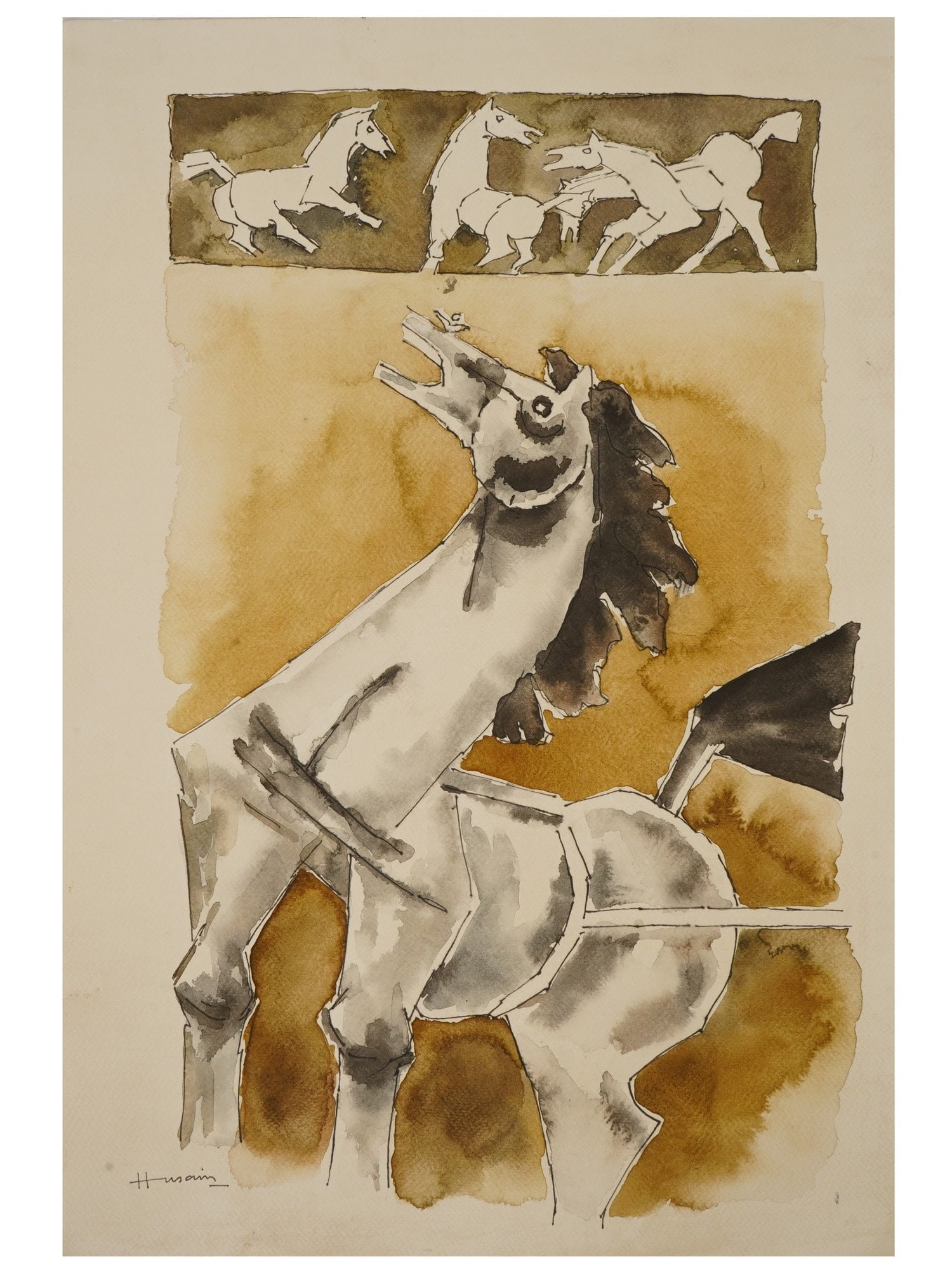 AFTER MF HUSAIN INDIAN WATERCOLOR PAINTING HORSES: After Maqbool Fida Husain, Indian, 1915 to 2011, watercolor painting on paper. The artwork is a study of running horses. Signed lower left. Undated. Unframed. The artwork comes with a certificate. M.F