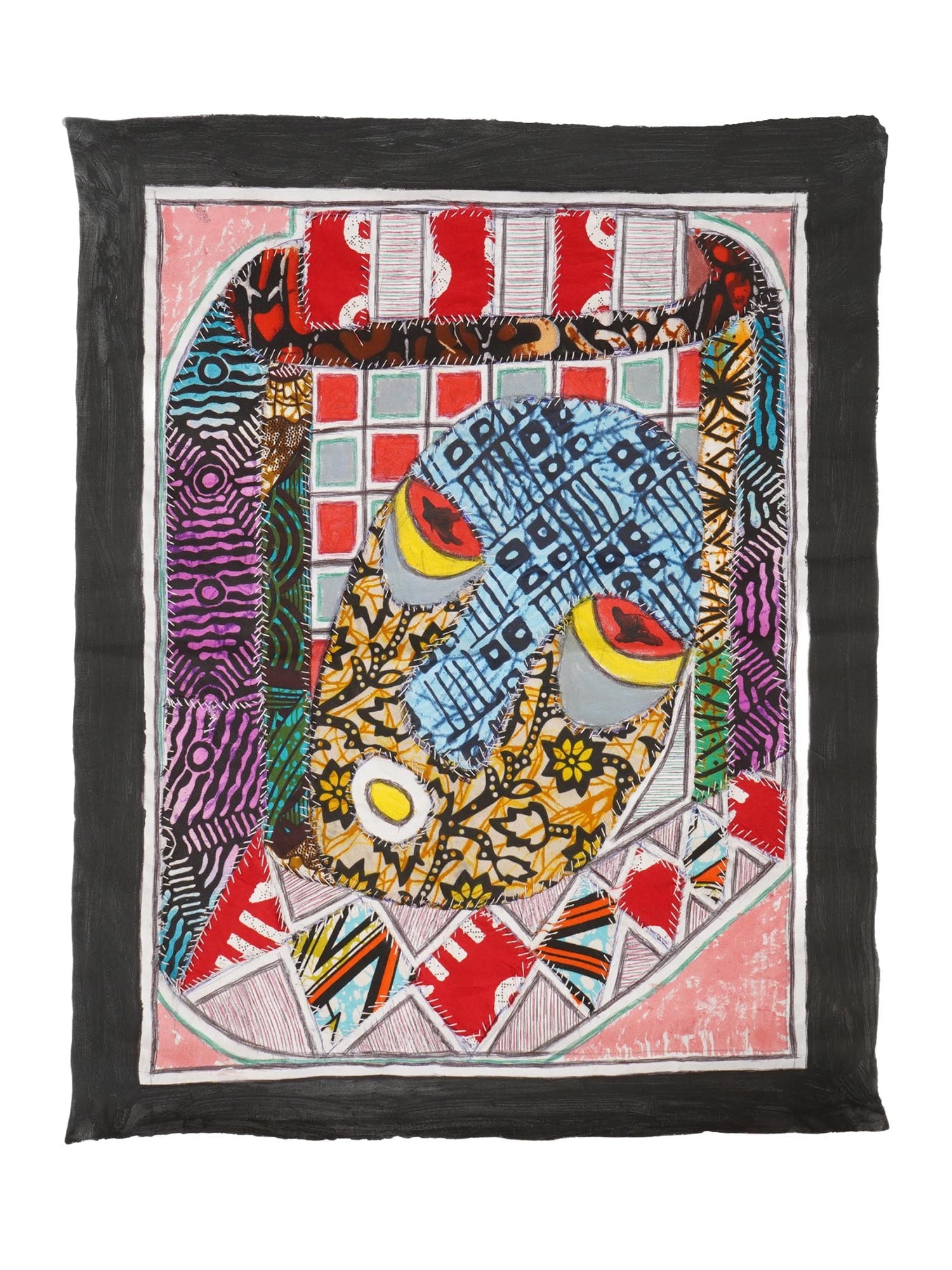 KAYODE BURAIMOH NIGERIAN STITCH FABRIC ARTWORK: Kayode Buraimoh, a Contemporary Nigerian artist, a mixed media stitch fabric artwork, Gelede Mask or Marsk, 2025. The painting depicts a figurative composition. Signed, titled, dated 2025, and inscrib