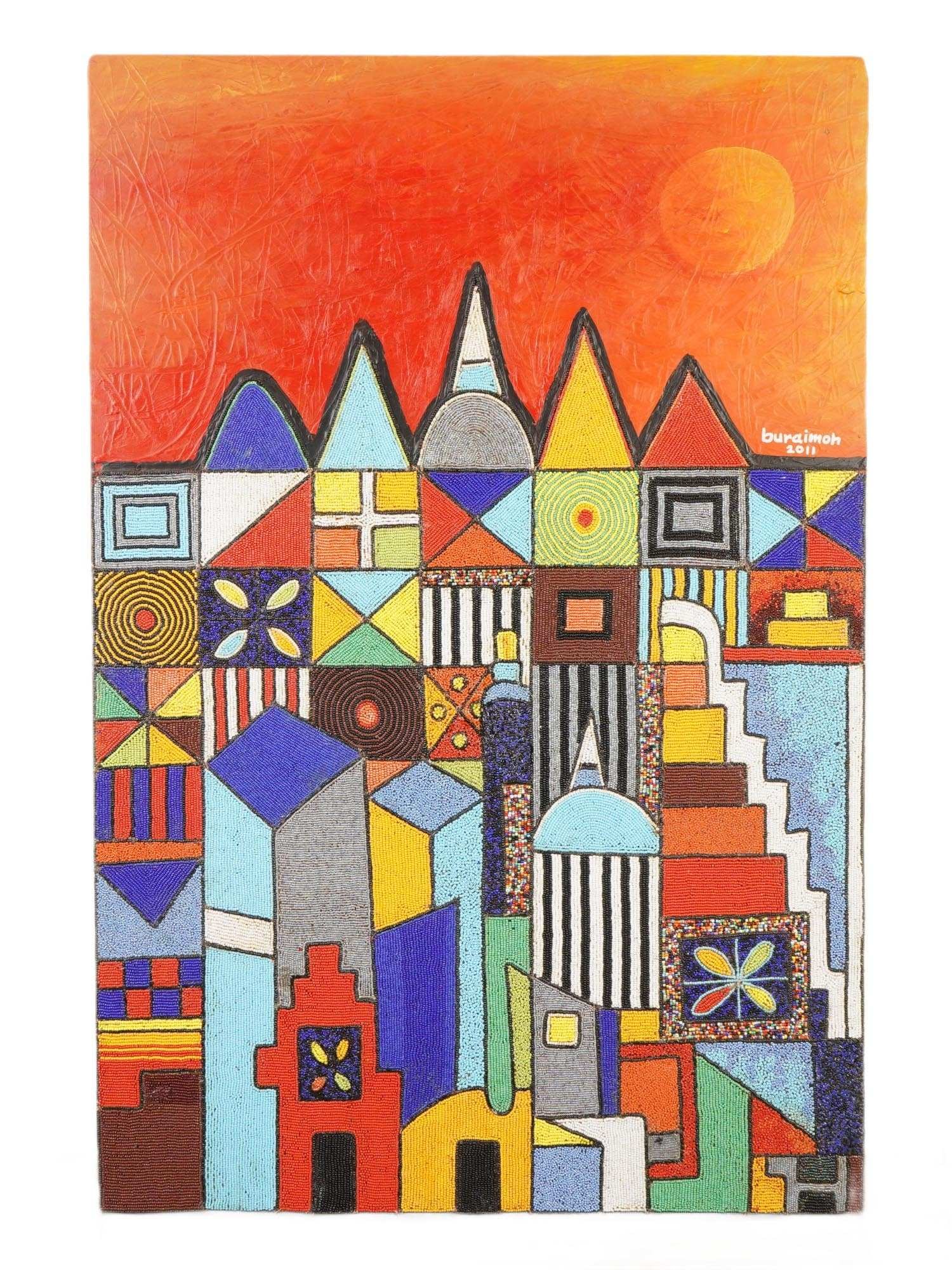 CHIEF JIMOH BURAIMOH ACRYLIC BEADS PAINTING W COA: A bead and acrylic on board artwork by Chief Jimoh Buraimoh, born 1943 Nigerian artist. The painting depicts a vibrant abstract cityscape. Signed by the artist and dated 2011 lower right. Comes with a