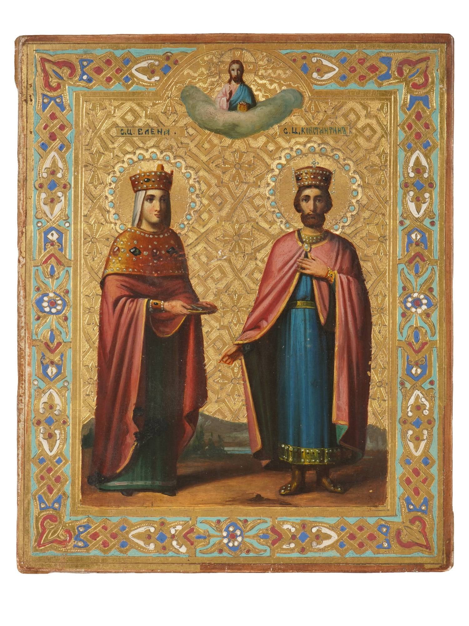ANTIQUE 19TH C RUSSIAN ICON OF ST HELENA AND CONSTANTINE: An antique 19th-century Russian Orthodox icon representing Saint Helena and Constantine the Great, blessed by Jesus Christ from Heaven. Mixed media painting: egg tempera, gesso, and levkas on a wood b
