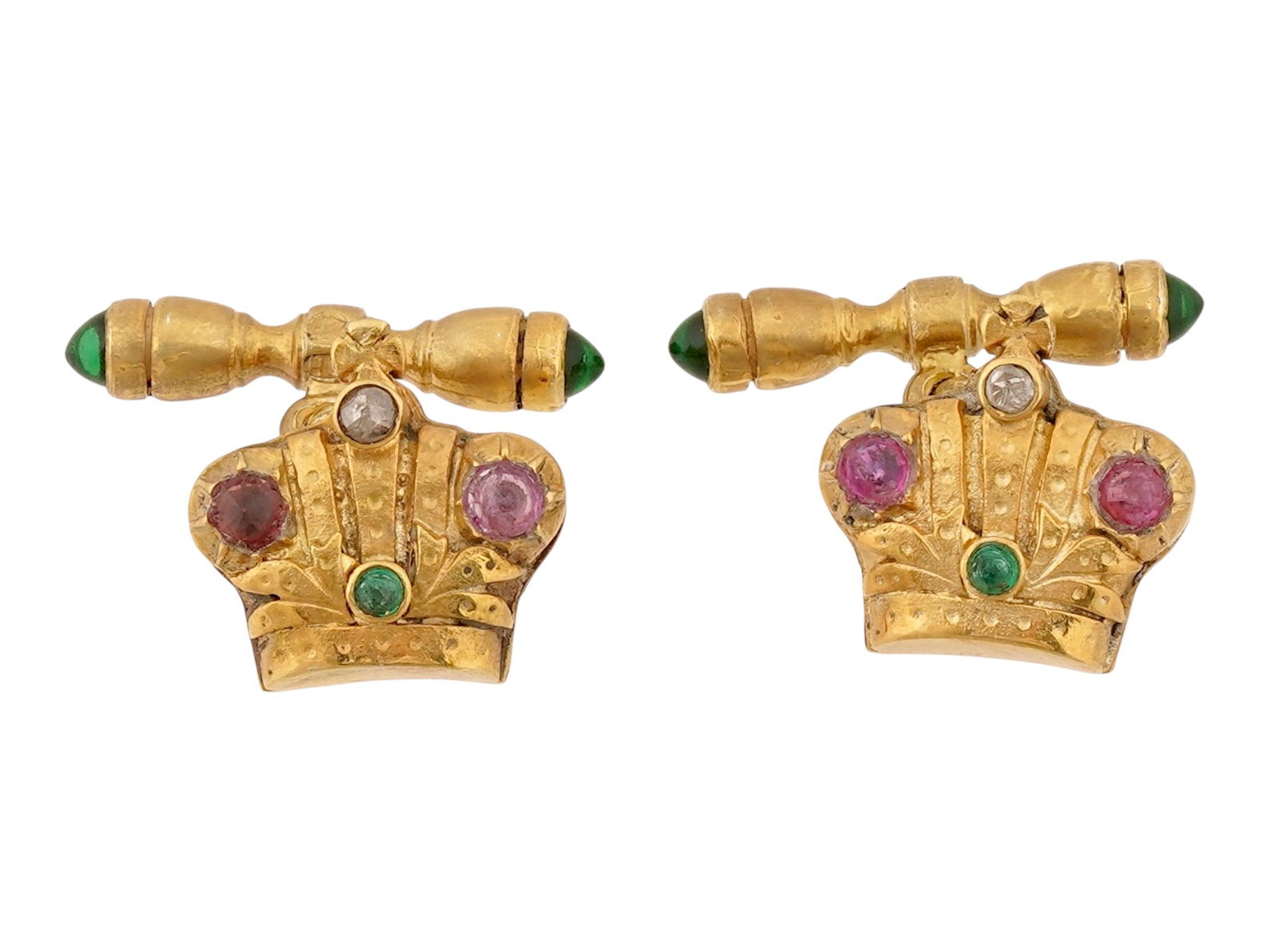 RUSSIAN SILVER ENAMEL DIAMONDS GEMS CROWN CUFFLINKS: A pair of Russian 84 gilt silver and enamel cufflinks. Each cufflink is made in the shape of an Imperial crown decorated with polychrome cloisonne enamel, and encrusted with garnet, diamond and emeral