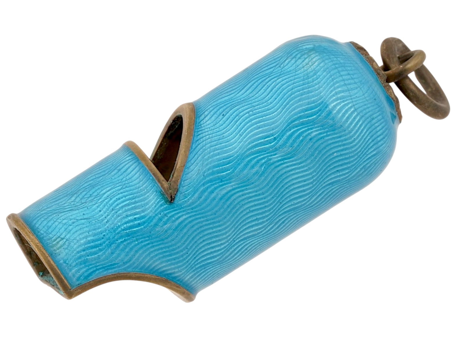 RUSSIAN 84 GILT SILVER AND GUILLOCHE ENAMEL WHISTLE: A Russian silver and enamel whistle. The exterior of the ware is covered with bright turquoise enamel over a patterned guilloche ground. Hallmarked to the body and the fitting ring with an 84 Russian 