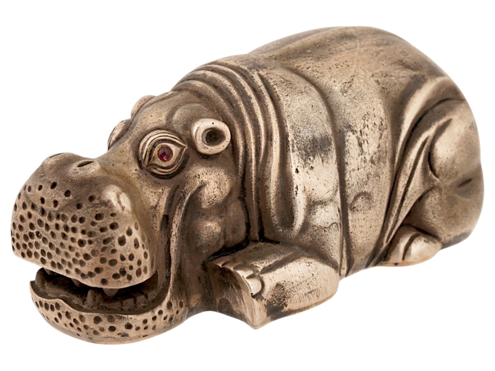 RUSSIAN SILVER FIGURINE OF HIPPO WITH RUBY EYES: A Russian silver figure of a hippo. Ruby cabochon eyes. Hallmark of 84 silver standard and makers mark are on the bottom. Collectible Russian Jewelry And Decor. Total weight: 87.6 g. THIS LOT IS