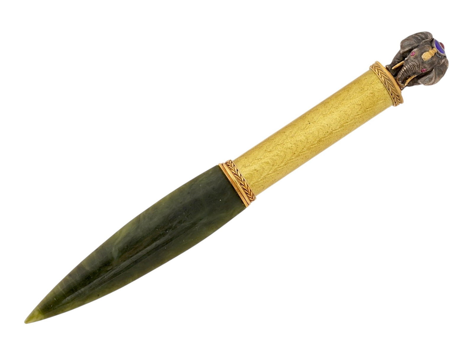 RUSSIAN SILVER ENAMEL JADE RUBY LETTER OPENER: A Russian silver letter opener with a carved nephrite jade blade. Features a yellow guilloche enameled handle decorated with gilt silver wreaths to the edge and ricasso. The top is crowned with an