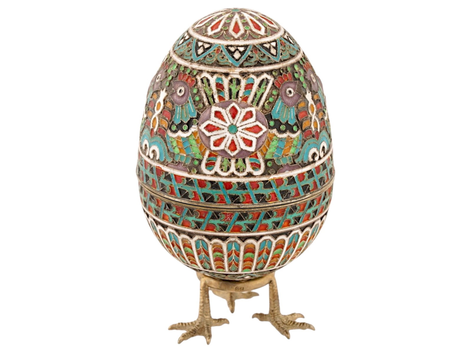 LARGE RUSSIAN SILVER ENAMEL EASTER EGG WITH A STAND: A large Russian silver Easter egg consisting of two parts. Enameled in the cloisonne technique throughout the body featuring chicken images set with floral patterns. Gold wash inside. Rests on a