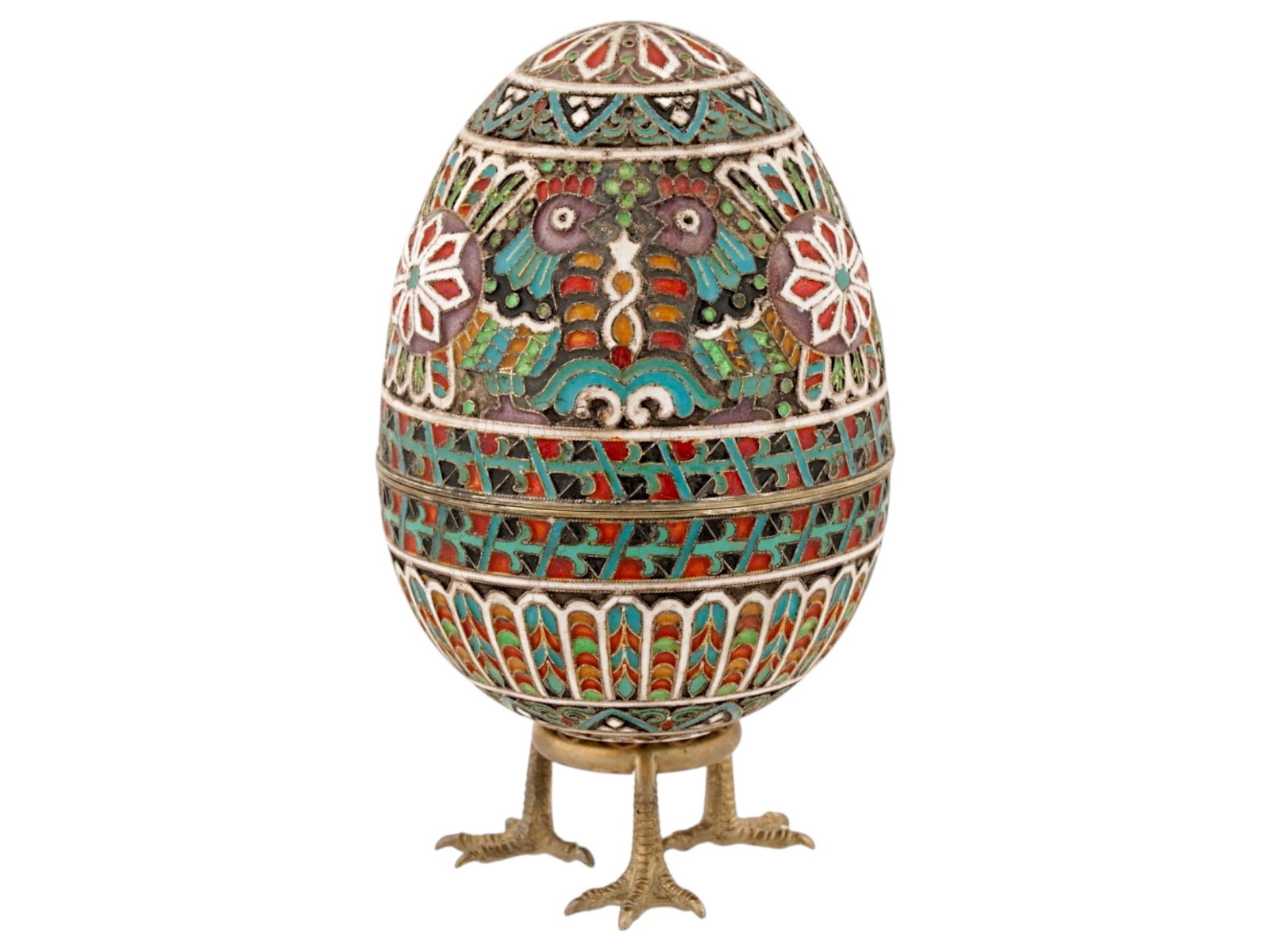 LARGE RUSSIAN SILVER ENAMEL EASTER EGG WITH A STAND - 2