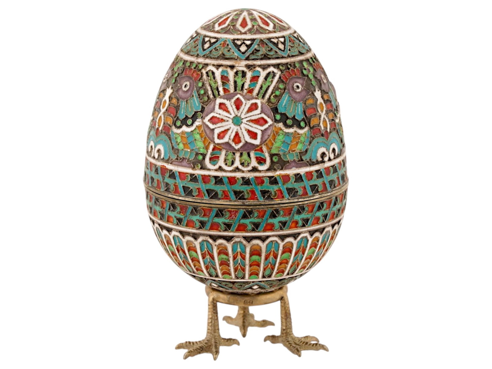 LARGE RUSSIAN SILVER ENAMEL EASTER EGG WITH A STAND - 3