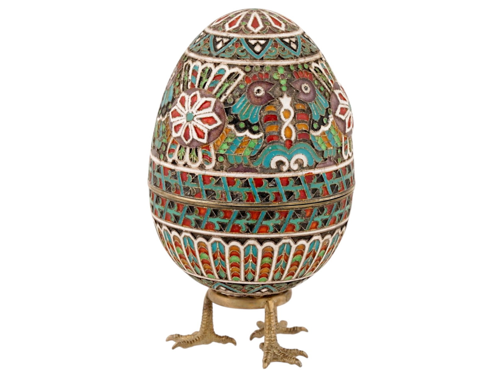 LARGE RUSSIAN SILVER ENAMEL EASTER EGG WITH A STAND - 4