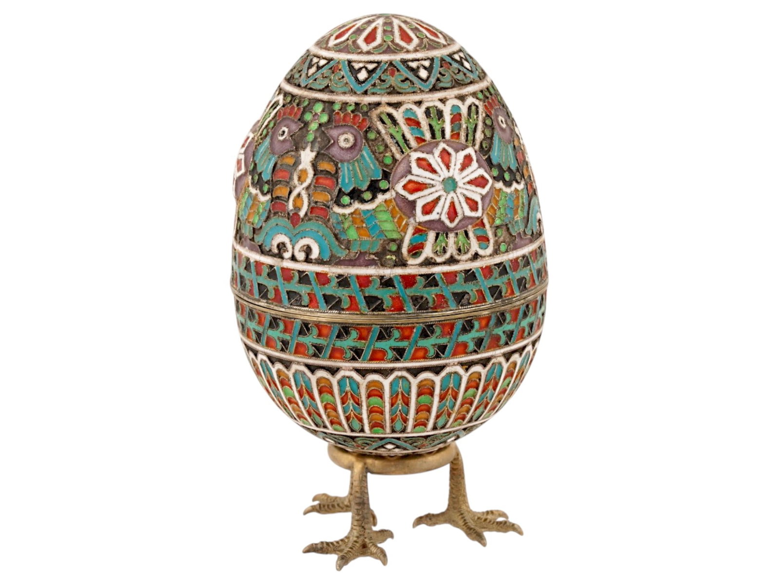 LARGE RUSSIAN SILVER ENAMEL EASTER EGG WITH A STAND - 5