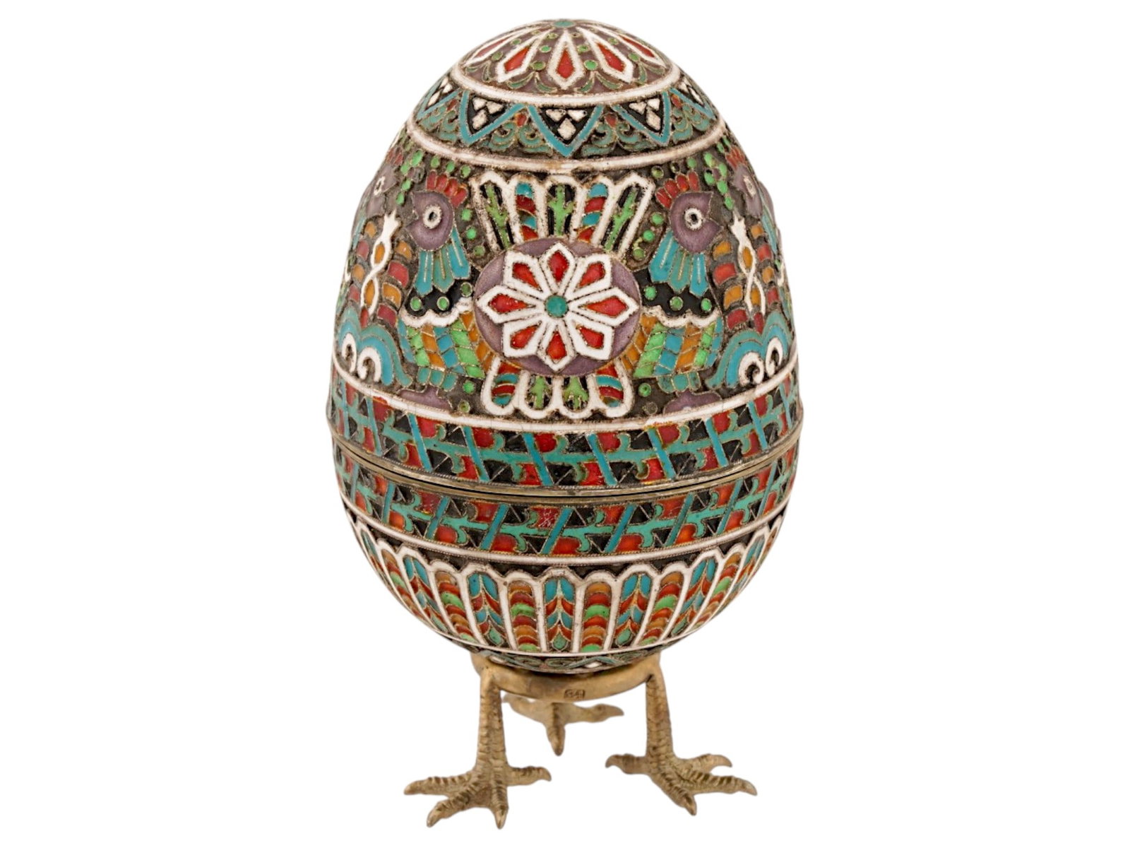 LARGE RUSSIAN SILVER ENAMEL EASTER EGG WITH A STAND - 6