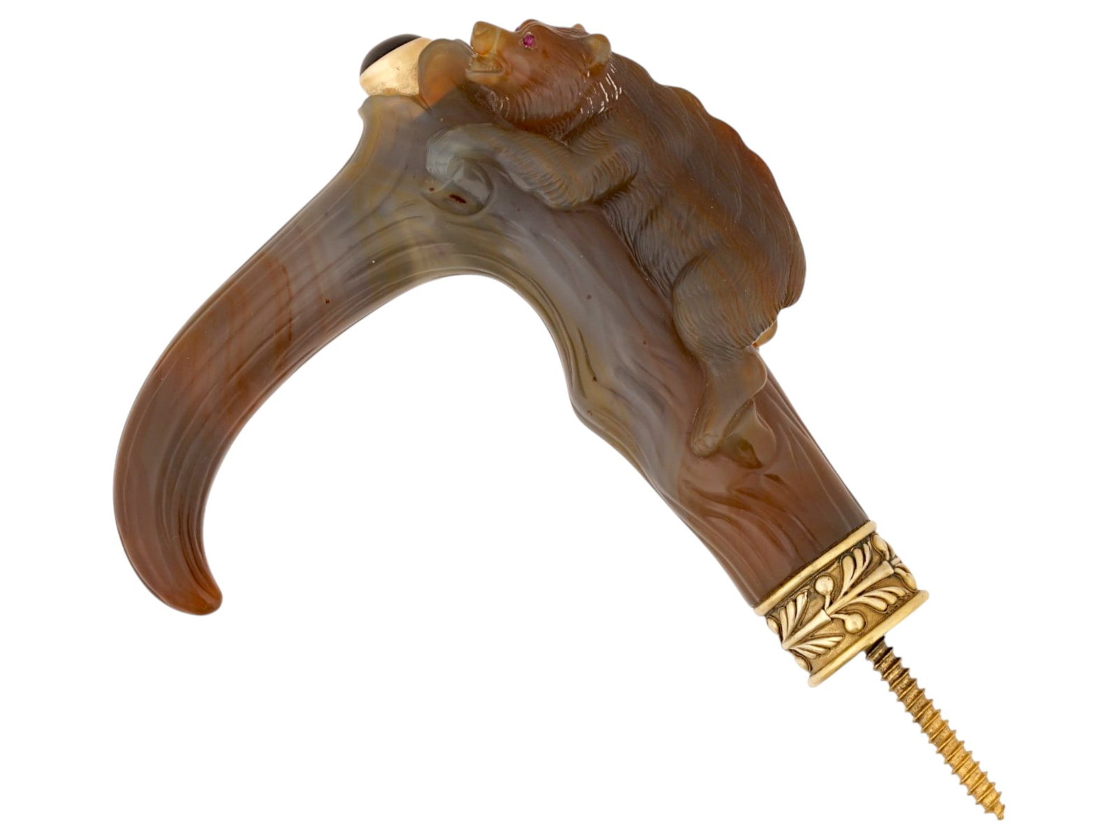 RUSSIAN AGATE 14K GOLD BEAR SILVER CANE HOLDER W RUBY: A Russian cane holder, crafted from carved agate, 14K solid gold, and silver. The handle of the cane holder is made from a light brown agate, and the top of the handle has a curved shape set with a