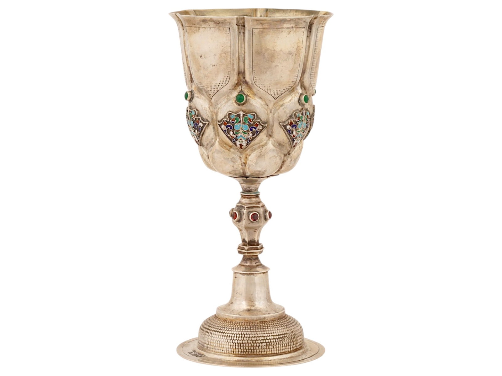 RUSSIAN SILVER ENAMEL JUDAICA KIDDISH CUP W EMERALD GEMS (1 of 7)