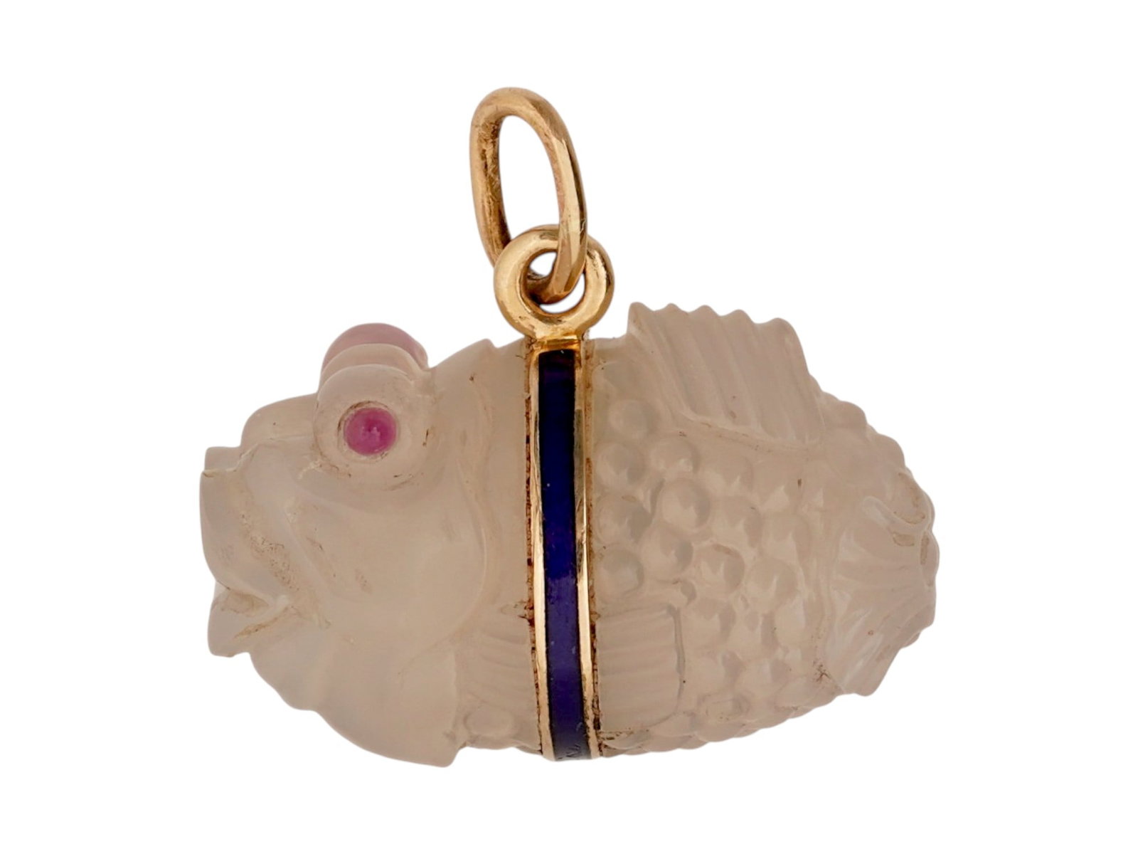 RUSSIAN 14K GOLD ENAMEL ROCK CRYSTAL FISH PENDANT: A Russian figurative carved rock crystal and 14K gold pendant. The piece represents a fish with ruby eyes. Cobalt blue enamel band on the fittings. Hallmark of 56 gold standard and makers mark are on