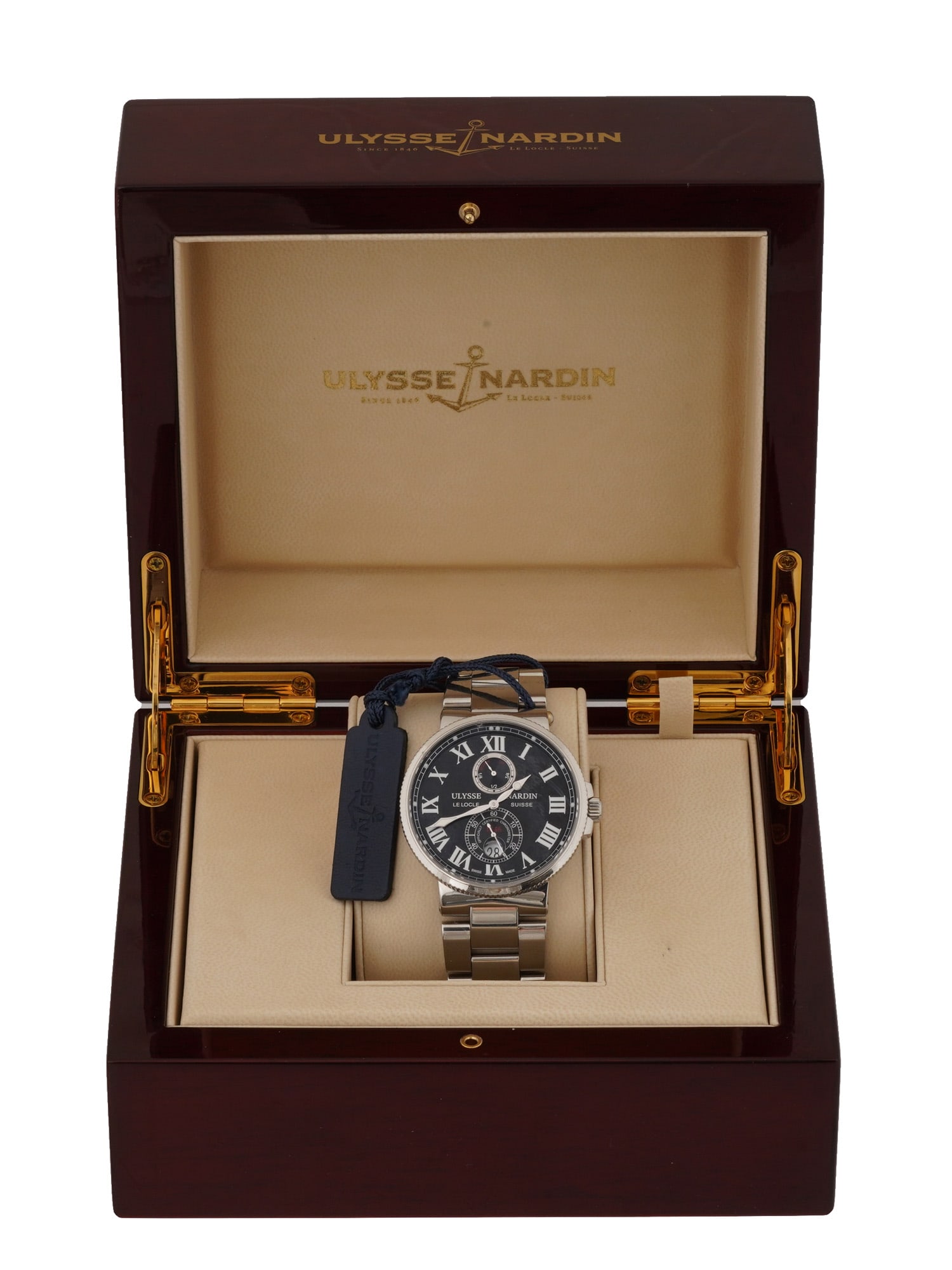 ULYSSE NARDIN MAXI MARINE CHRONOMETER IOB W COA: A Swiss Ulysse Nardin Maxi Marine Chronometer wristwatch, model 263-67, features a stainless steel case housing an automatic movement visible through an exhibition case back. The black dial is appoint
