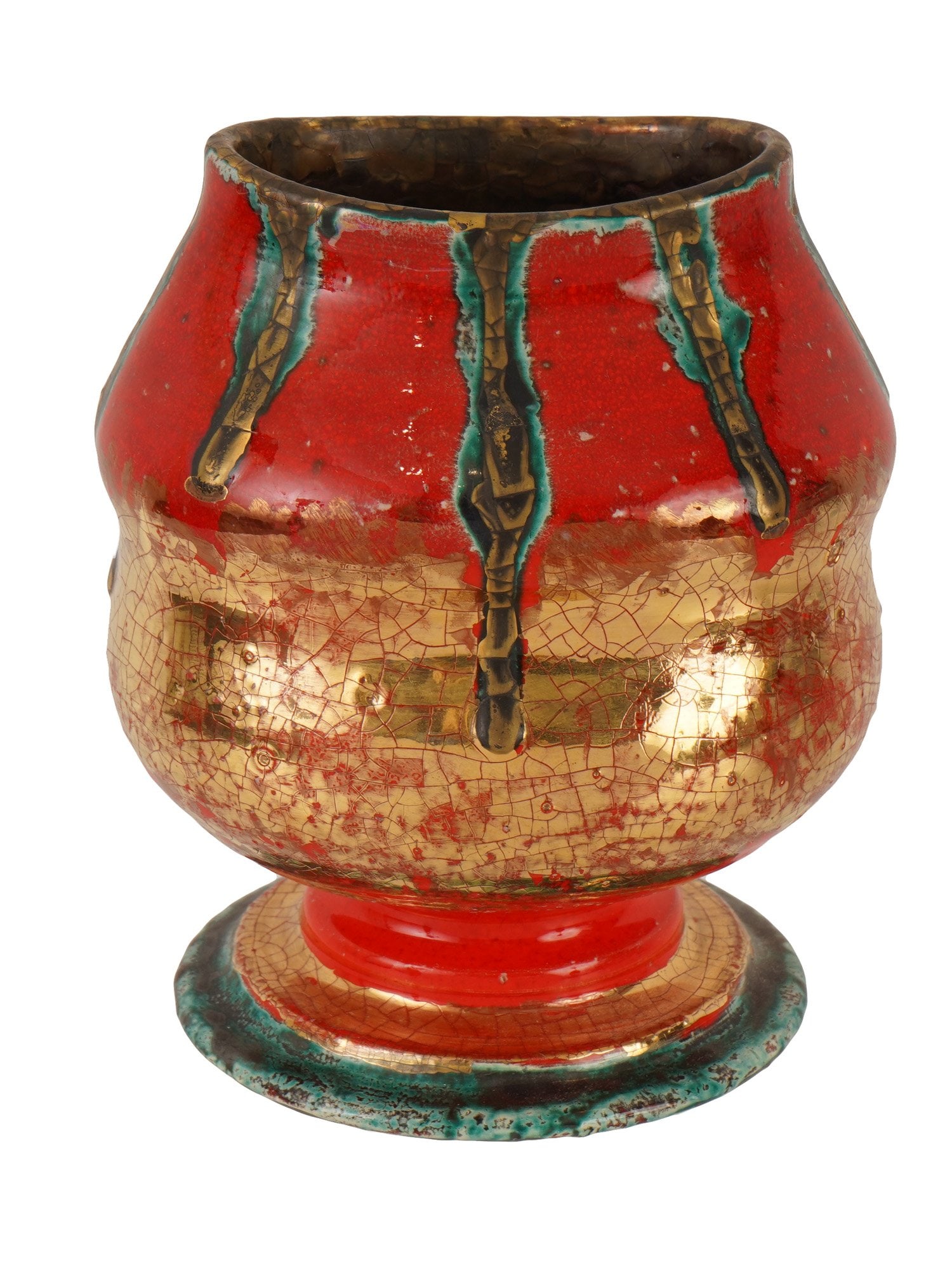 VINTAGE CERAMIC ART POTTERY RED GLAZED VASE SIGNED: A vintage ceramic art pottery vase featuring a red glaze enriched with a gold crackle finish and contrasting green dripped accents cascading from the rim. The bulbous, footed form is enhanced by a cra