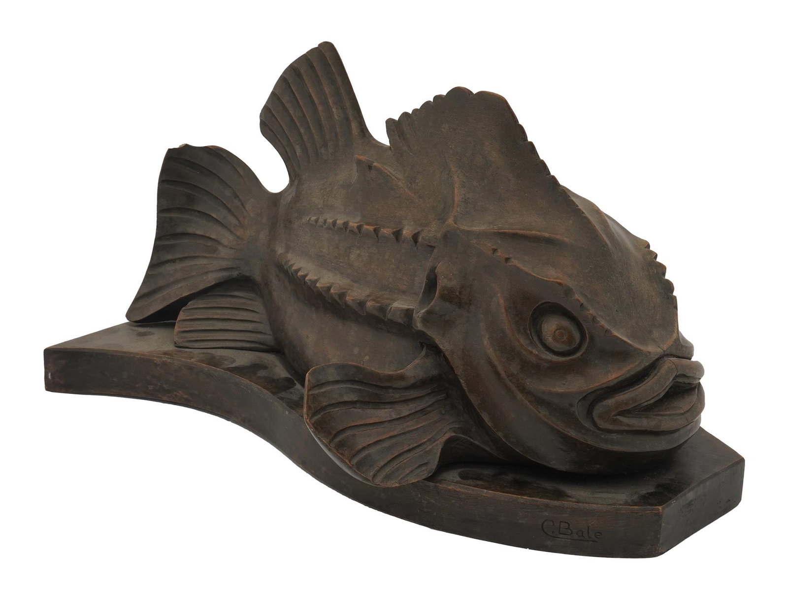 MID CENTURY WOOD CARVED FISH FIGURE SIGNED C.BALE: A vintage carved wood fish sculpture. Signed C. Bale to the base. Circa the mid 20th century. Mid Century Wooden Sculptures For Collectors. THIS LOT IS ELIGIBLE FOR A 30-DAY UNCONDITIONAL RETU