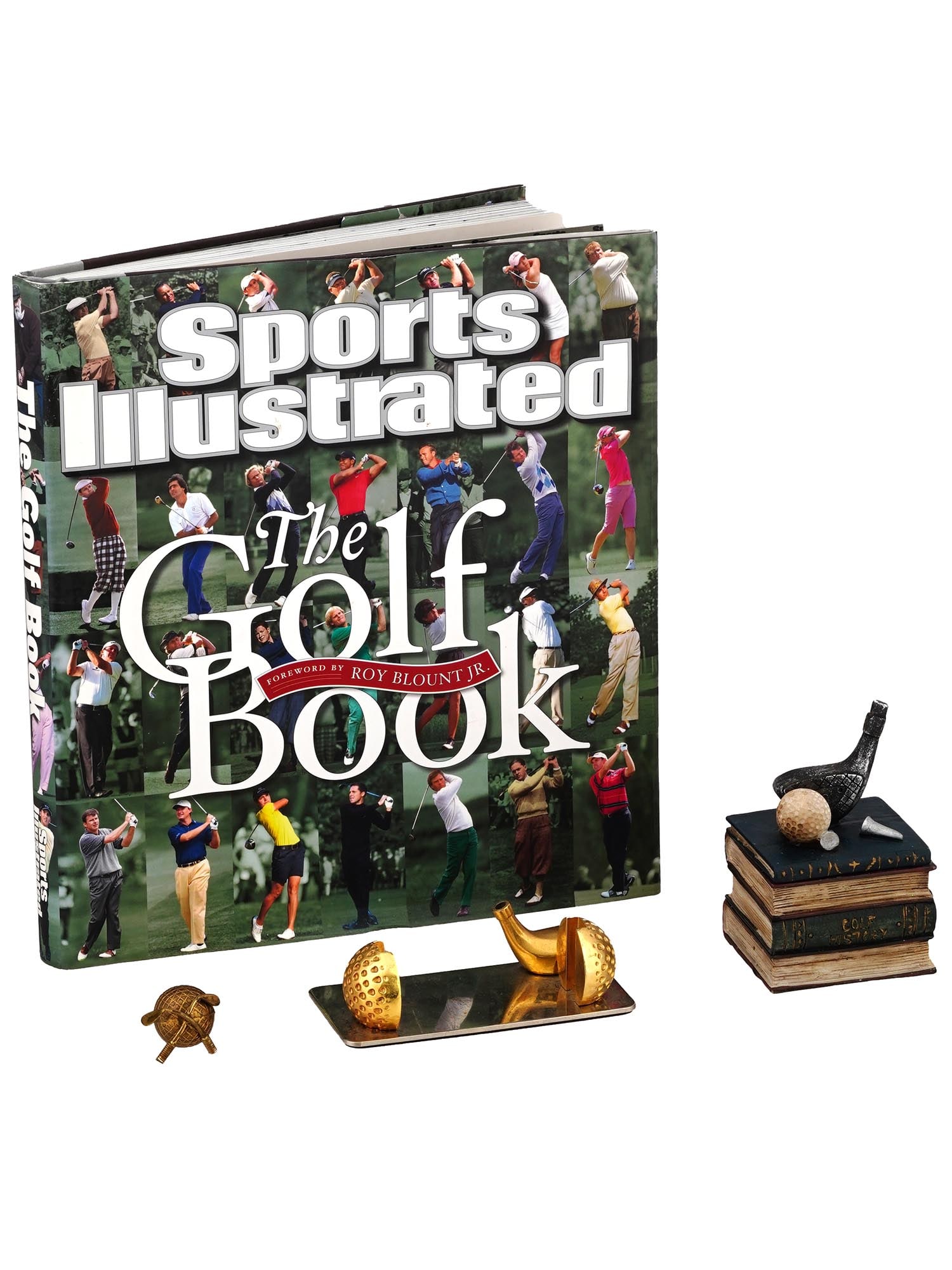 THE GOLF BOOK 2009 BOXES AND BOOK OR TROPHY HOLDER: A lot of golf related items. The lot includes a Sports Illustrated book, The Golf Book, with a foreword by Roy Blount Jr. 2009. The trinket box, modeled after stacked books and a golf club fragment. T