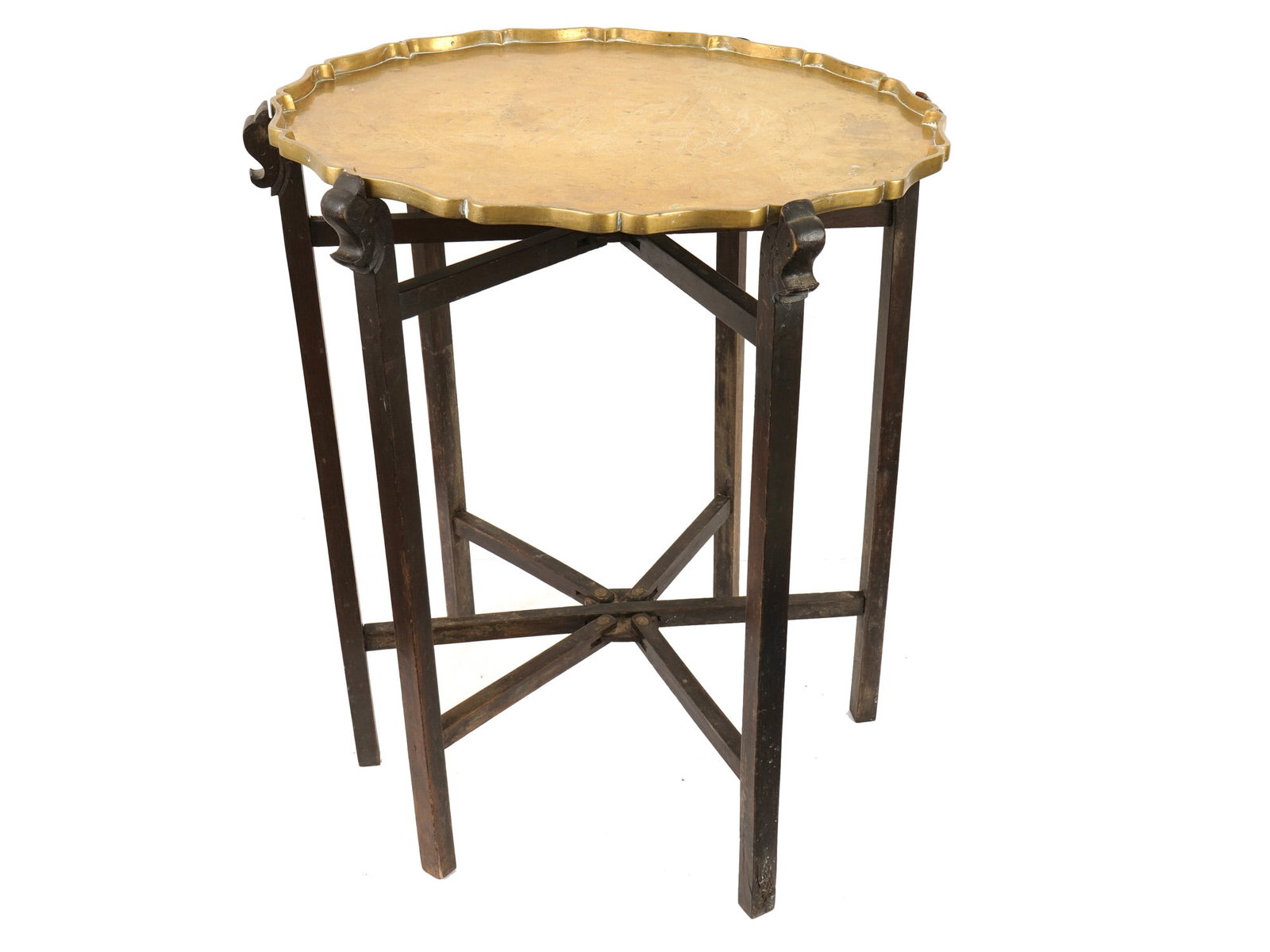 ASIAN ETCHED BRASS TRAY TABLE WITH FOLDING STAND (1 of 12)