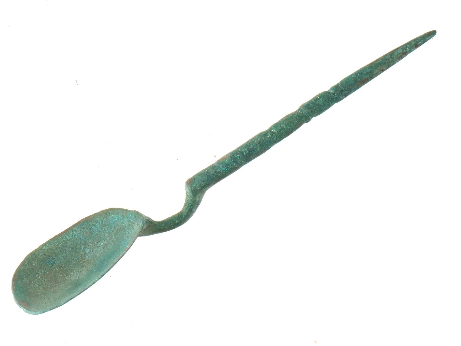 ANCIENT ROMAN BRONZE MEDICAL SPOON INSTRUMENT: An ancient Roman bronze medical spoon in the form of an oval plate with a long handle. The spoon features a distinct elongated handle tapering into a pointed end and decorated with a recess. This tool