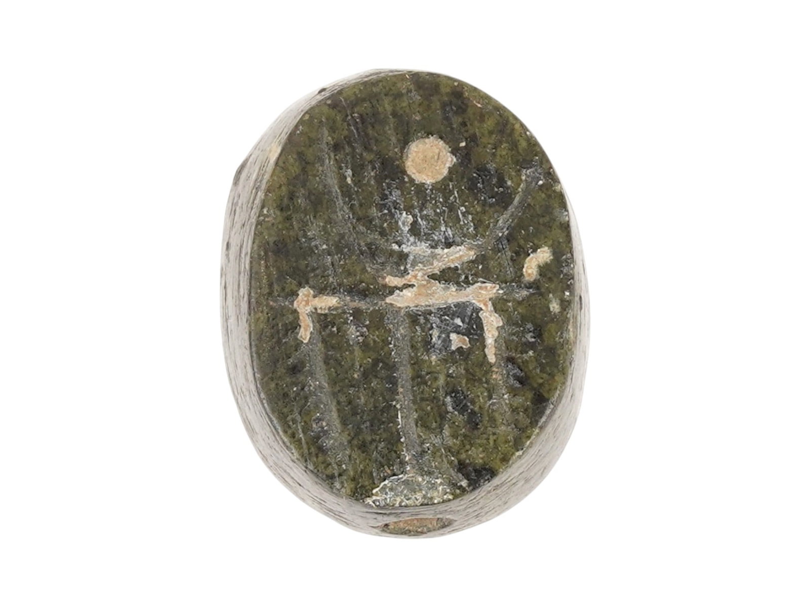 ANCIENT GREEK STEATITE SCARAB ENGRAVED WITH AN IMAGE: An ancient Greek steatite scarab dating circa 600 to 300 BC, carved in the traditional beetle form and engraved with an image on the base. Such pieces often served as personal seals or amulets. Ancien