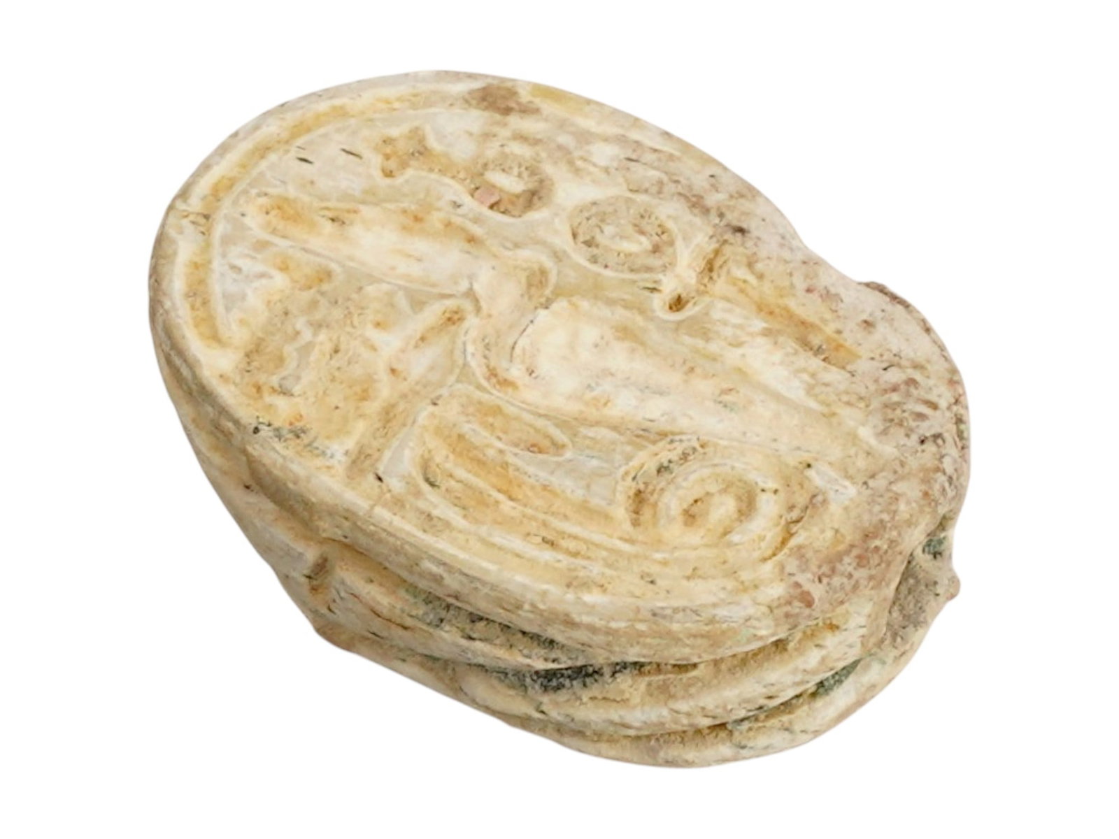ANCIENT EGYPTIAN STEATITE SCARAB BEAD SEAL 700 TO 200 BC: An Ancient Egyptian hand carved Steatite stone scarab seal bead. Late Period, circa: 700 to 200 BC. The bead features a hieroglyphical design. Pierced through the center. Archaeological Finds And Reli