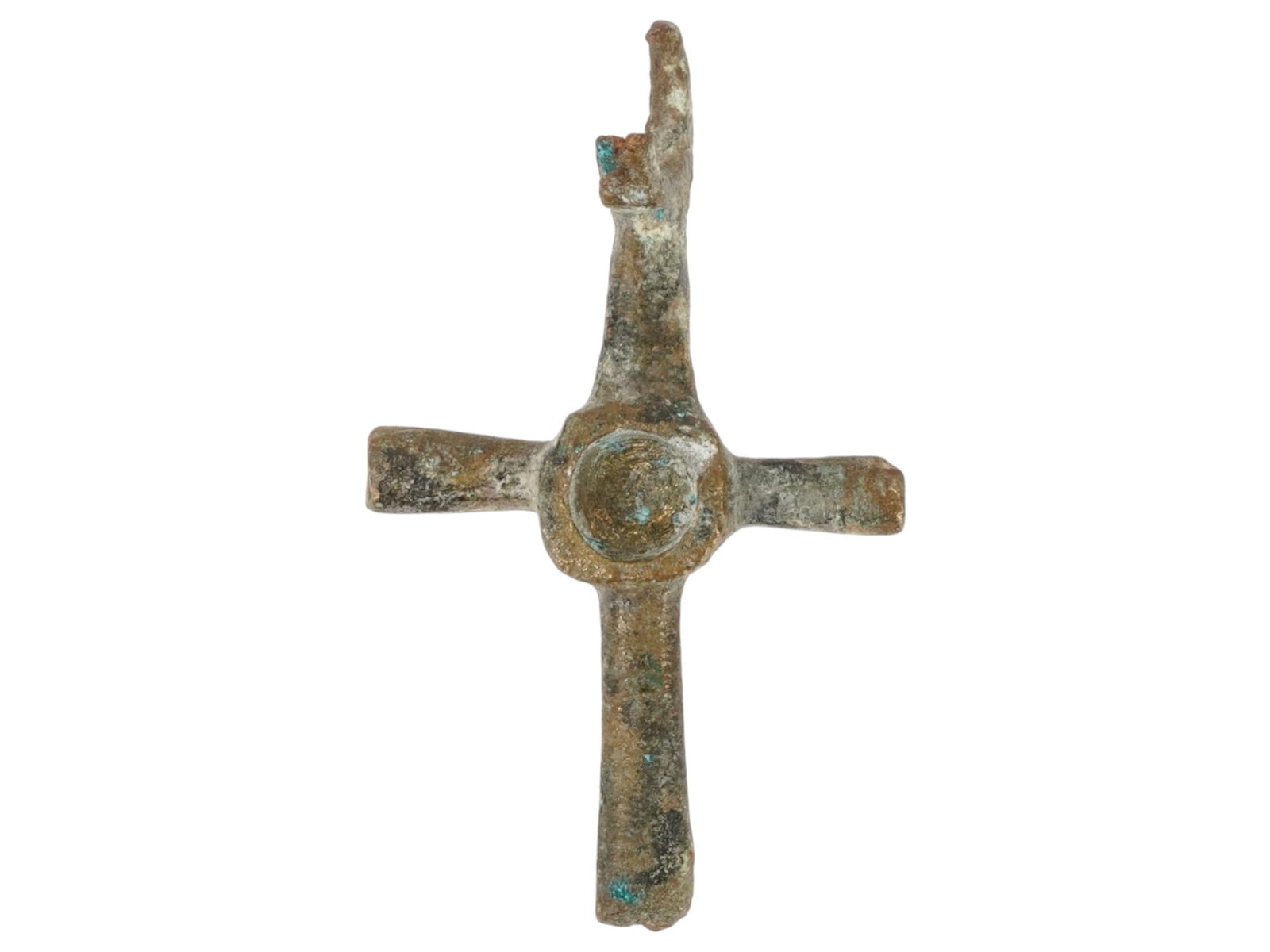 ANCIENT BYZANTINE BRONZE CROSS PENDANT 400 TO 600 AD: An ancient Byzantine cast bronze cross pendant. The cross is cast in solid bronze and features a central raised circular medallion. Circa: 400 to 600 AD. Historical Collectibles And Archaeological Rel