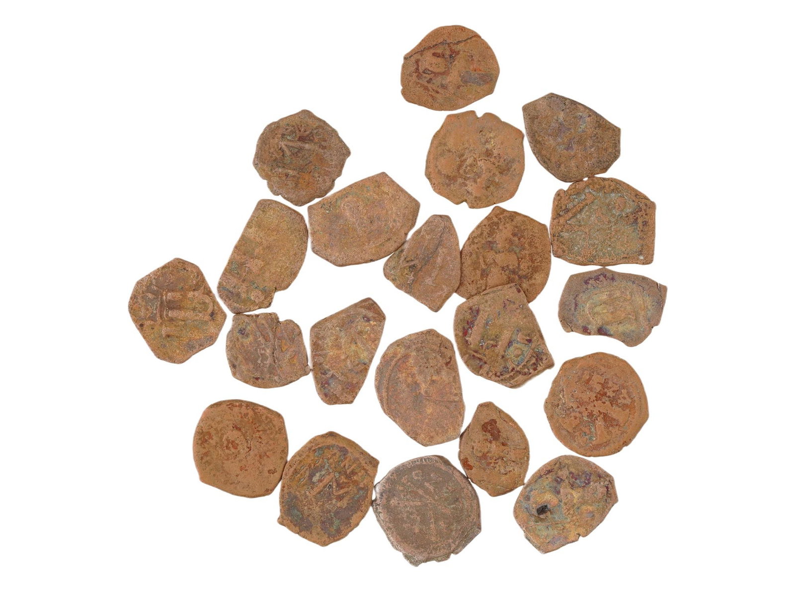 LOT OF ANCIENT BYZANTINE BRONZE COINS 400 TO 600 AD: A collection of assorted ancient Byzantine Empire bronze coins in various sizes. Circa 400 TO 600 AD. Featuring a diverse array of designs. The collection includes a Roman nummus or follis, and others