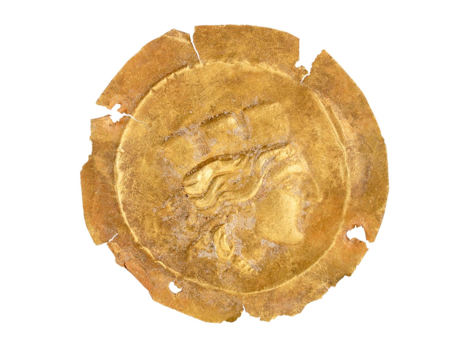 ANCIENT ROMAN GOLD PLAQUE TYCHE GODDESS 100 TO 300 AD: An ancient Roman Gold plaque. The circular shaped plaque depicts an embossed portrait in profile of Tyche Goddess, the Greek goddess of fortune, chance, providence, and fate. Circa: 100 to 300 AD. Anc