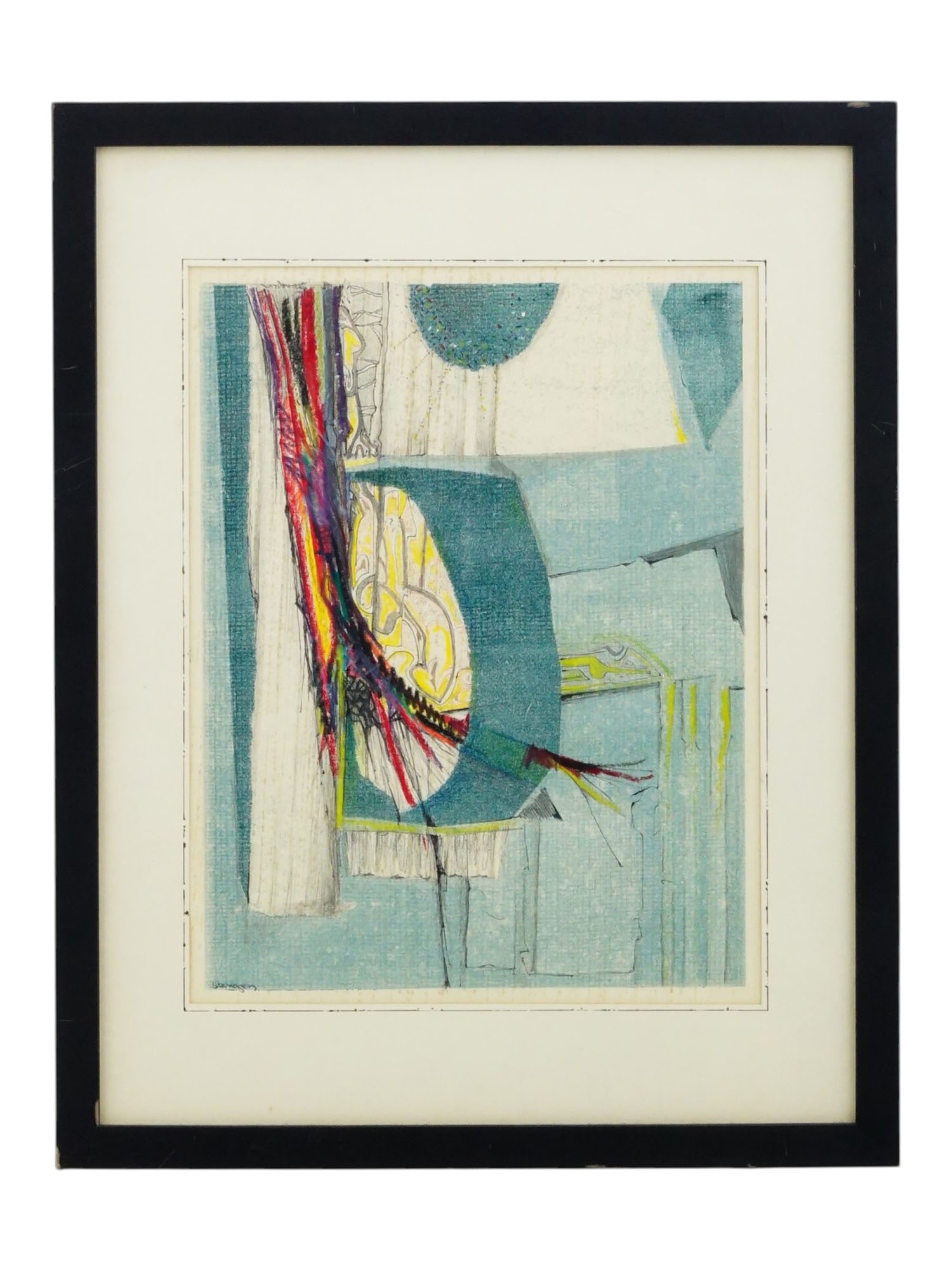 ABSTRACT COMPOSITION LITHOGRAPH SIGNED STANLEY STANGREN: An abstract composition lithograph signed Stanley Stangren, features a dynamic composition of vertical linear elements in red and black set against a background of teal and yellow geometric forms. The