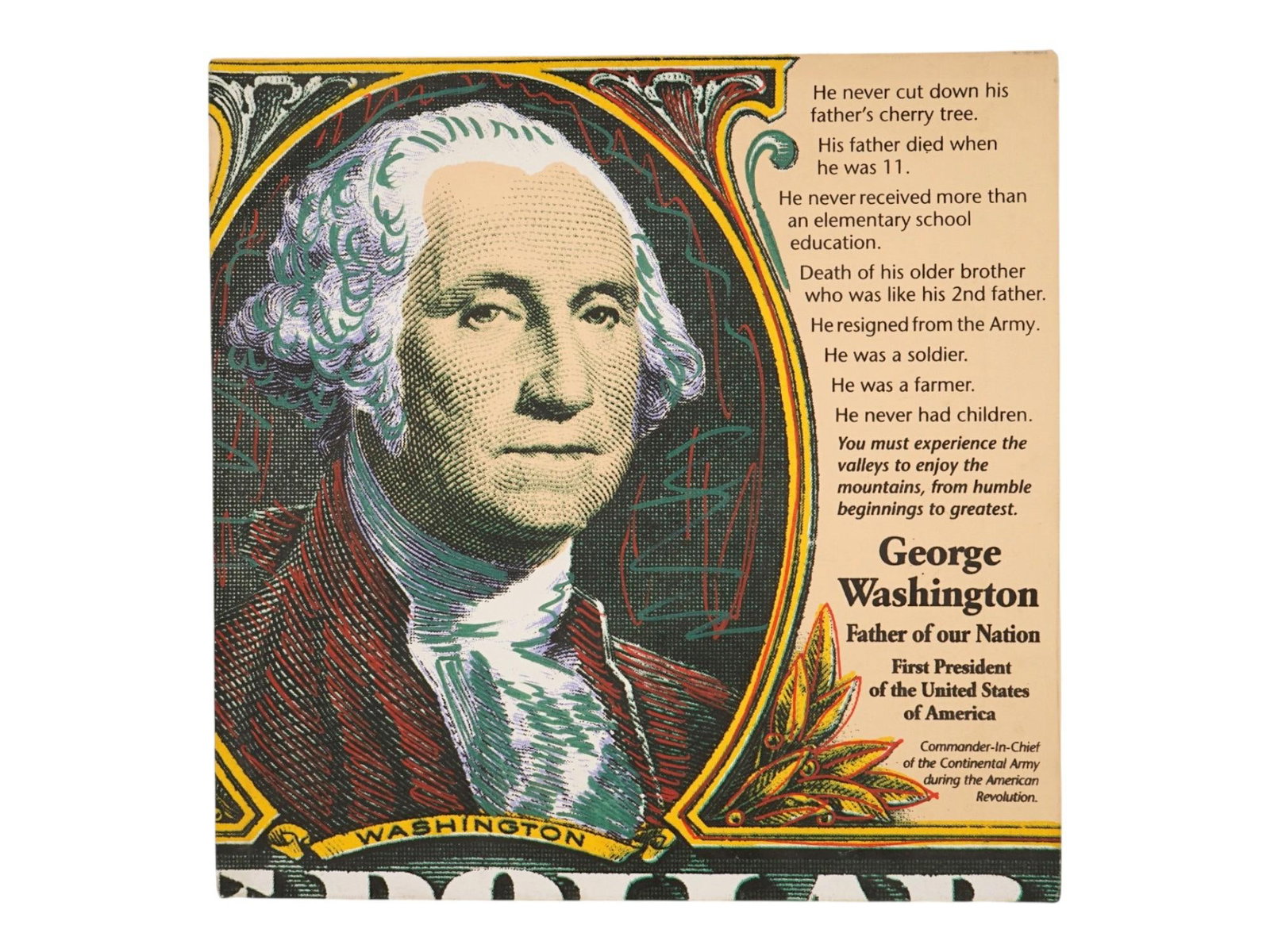 GEORGE WASHINGTON PORTRAIT LITHOGRAPH SIGNED SAK: A square-format portrait of George Washington, the first President of the United States, set within a decorative oval frame alongside a brief biographical text. Executed as a lithograph on canvas, the