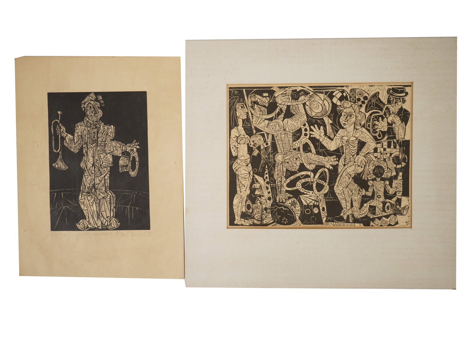 LOT OF TWO LITHOGRAPHS SIGNED KIRIL CHRISTOV: A lot of two lithographs signed Kiril Christov. Features stylized figurative compositions executed in a monochromatic palette. The first print depicts a standing figure of a clown holding a trumpet, w