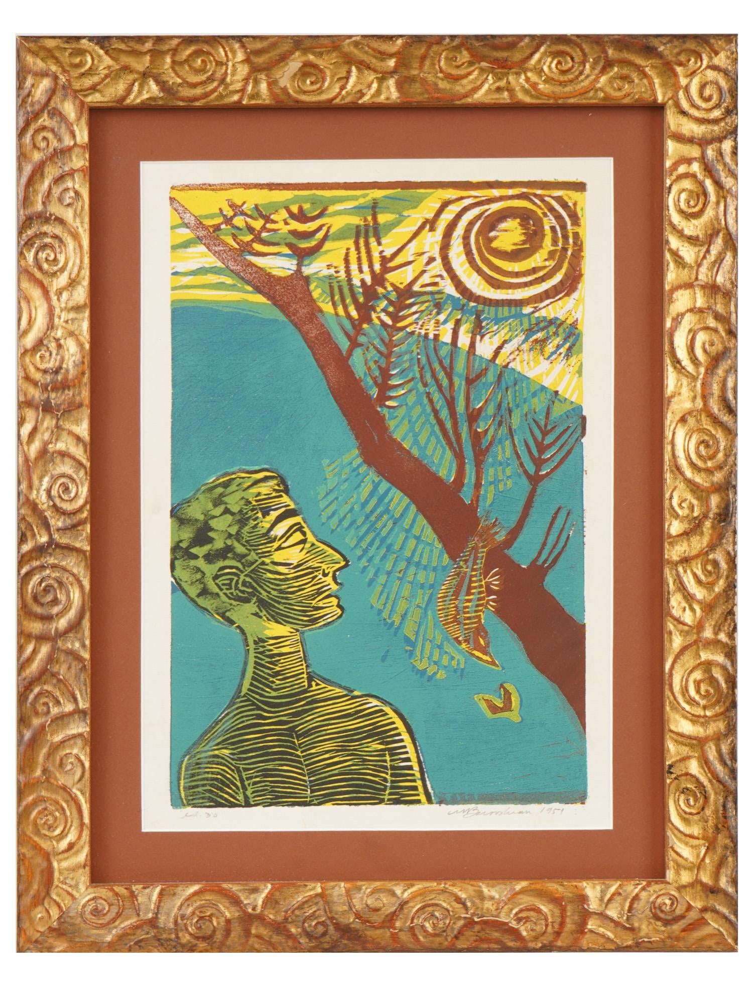 AMERICAN WOODCUT PRINT BY MARTIN BAROOSHIAN SIGNED: Martin Barooshian, American, 1929 to 2022, a color woodcut on paper, Mid Day Sun, 1951. Signed and dated in pencil, lower right. Inscribed and probably numbered in pencil, lower left. Framed. Martin B